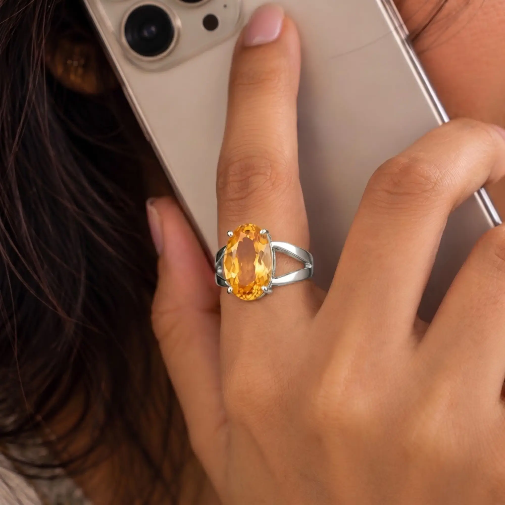 Yellow Sapphire (Pukhraj) Ring for Women in 18K White Gold – Oval 13x8 mm, Prong Setting, 6 g (Design K17B-3) thumbnail