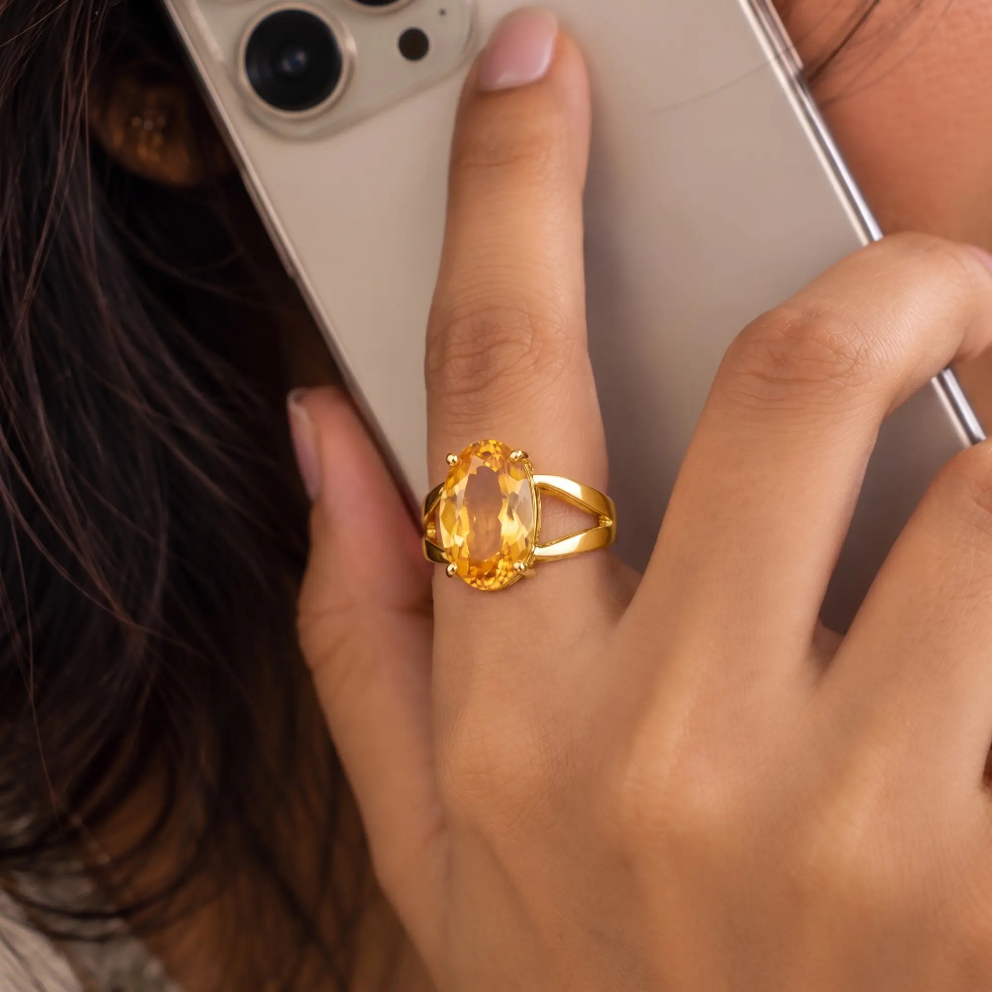 Yellow Sapphire (Pukhraj) Ring for Women in 22K Yellow Gold – Oval 13x8 mm, Prong Setting, 6 g (Design K17B-3) thumbnail