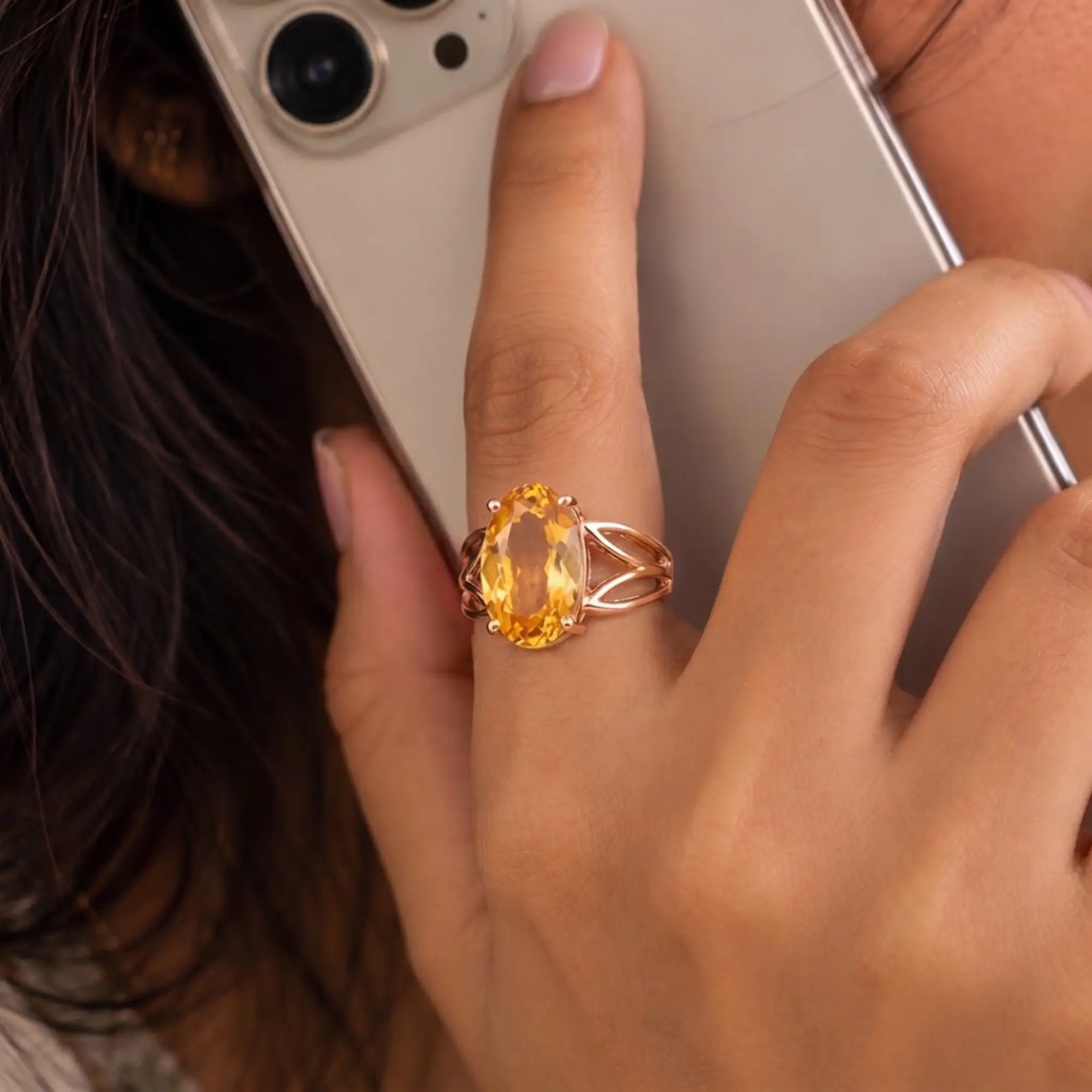Yellow Sapphire (Pukhraj) Ring for Women in 18K Rose Gold – Oval 13x8 mm, Prong Setting, 6 g (Design K17B-4) thumbnail