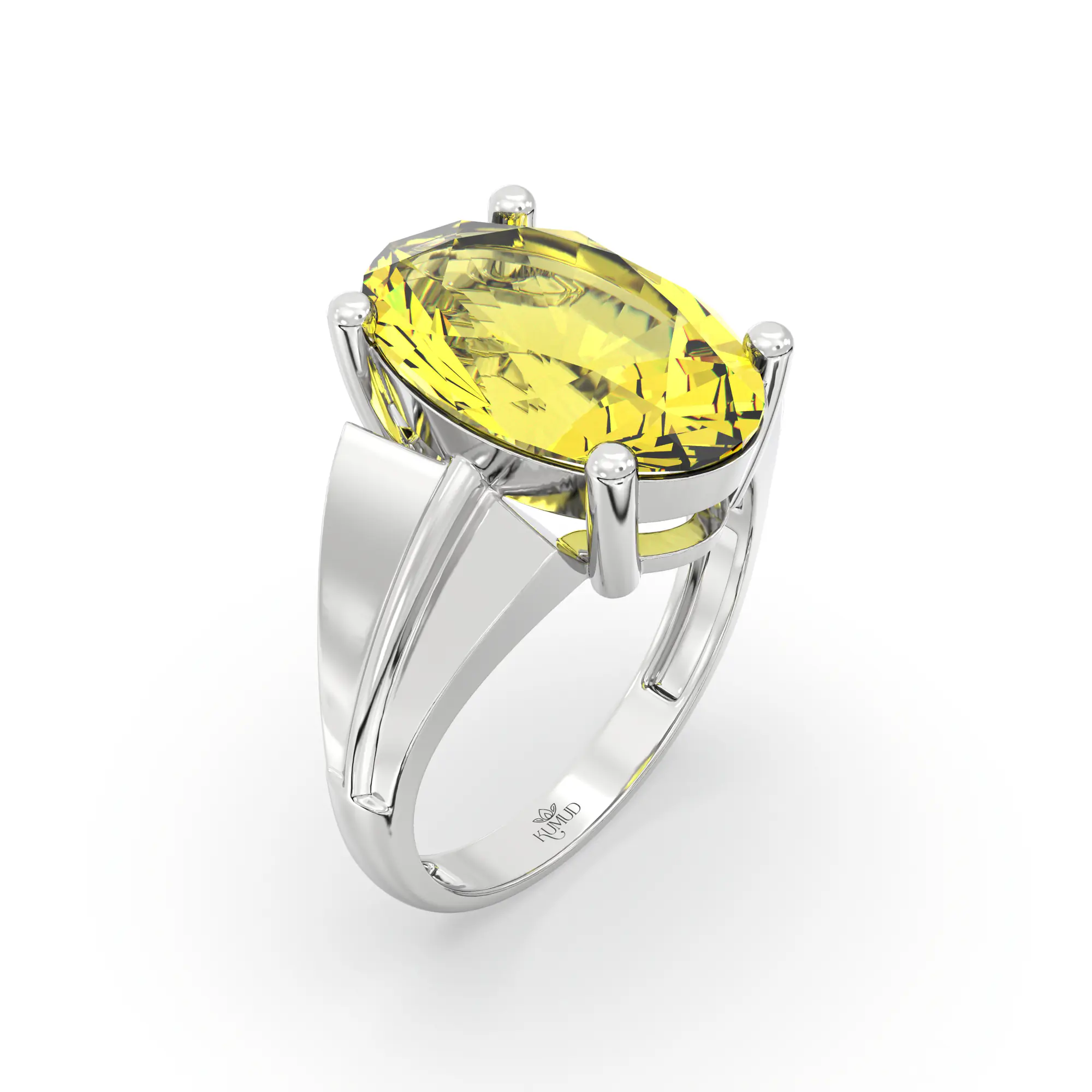 Yellow Sapphire (Pukhraj) Ring for Women in 18K White Gold – Oval 13x8 mm, Prong Setting, 5 g (Design K17B-5) thumbnail