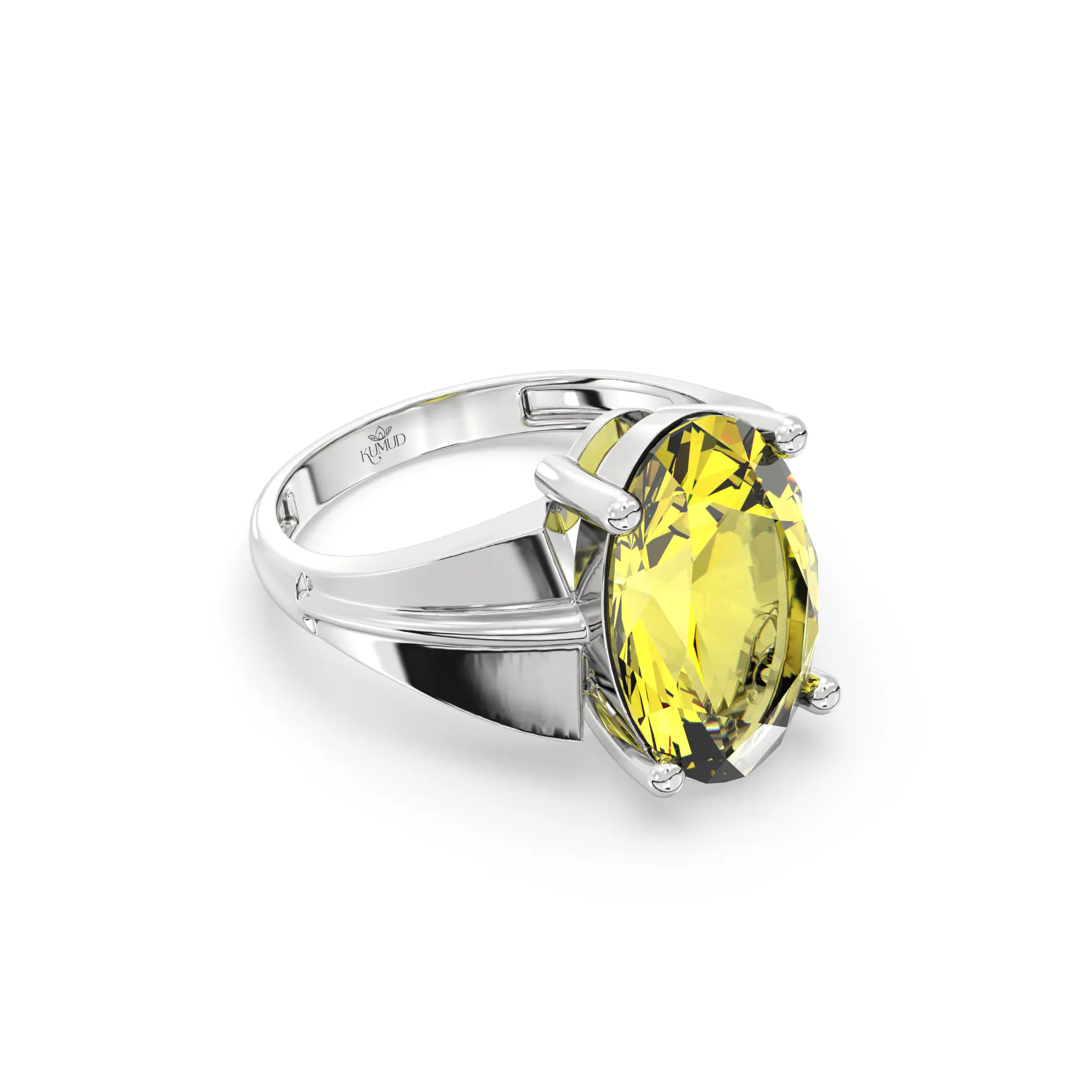 Yellow Sapphire (Pukhraj) Ring for Women in 18K White Gold – Oval 13x8 mm, Prong Setting, 5 g (Design K17B-5) thumbnail