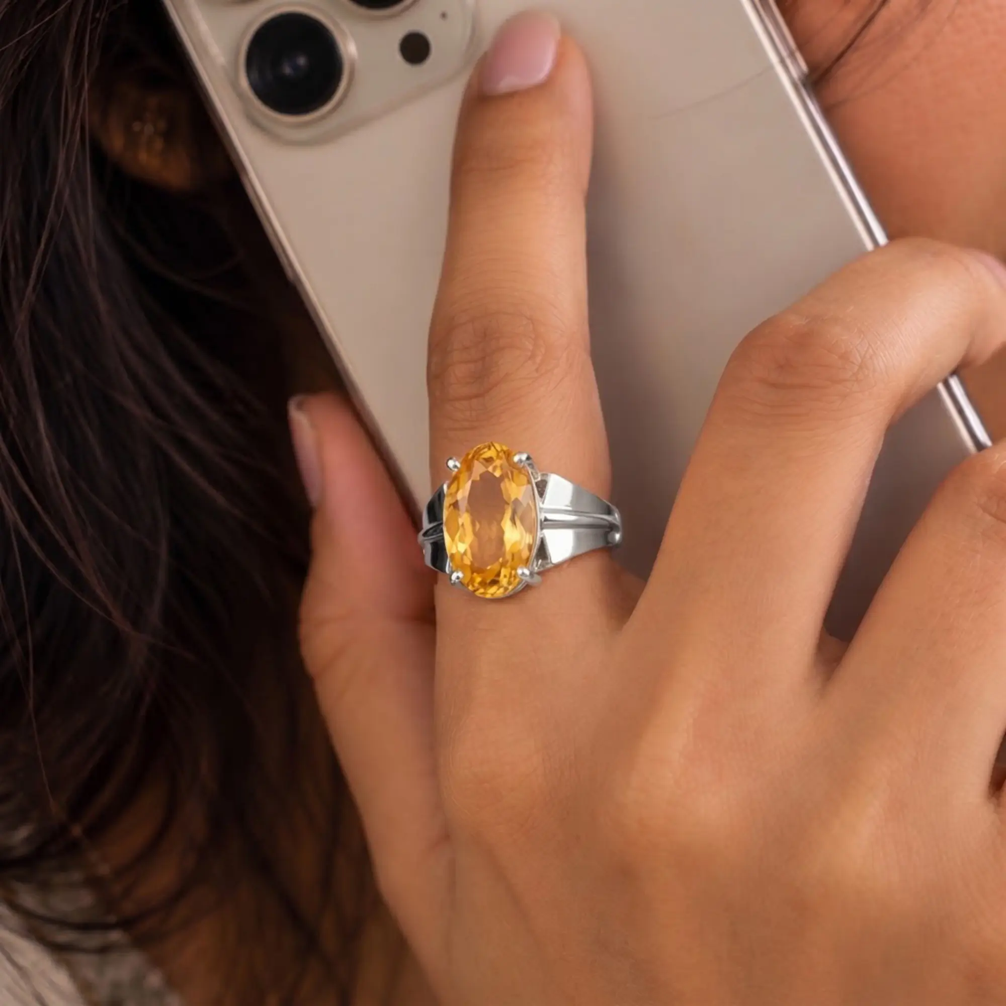 Yellow Sapphire (Pukhraj) Ring for Women in 18K White Gold – Oval 13x8 mm, Prong Setting, 5 g (Design K17B-5) thumbnail