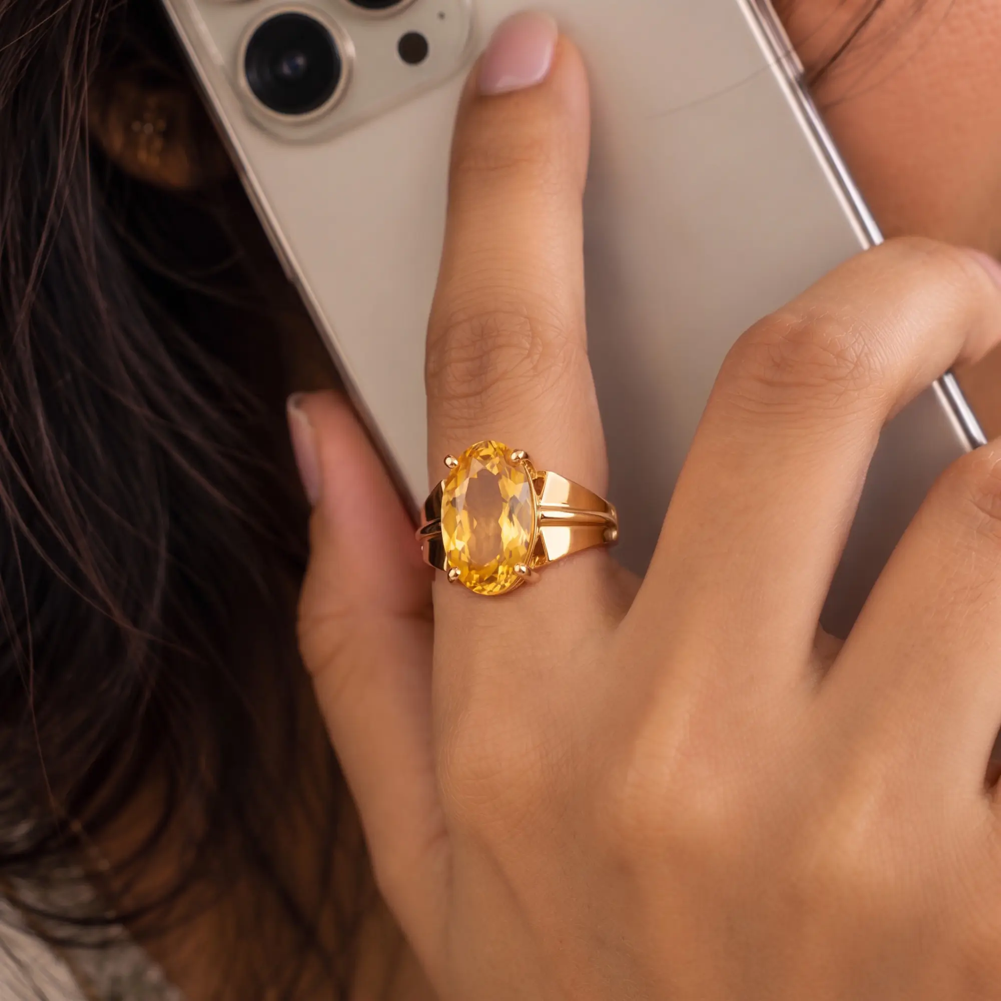 Yellow Sapphire (Pukhraj) Ring for Women in 22K Yellow Gold – Oval 13x8 mm, Prong Setting, 5 g (Design K17B-5) thumbnail