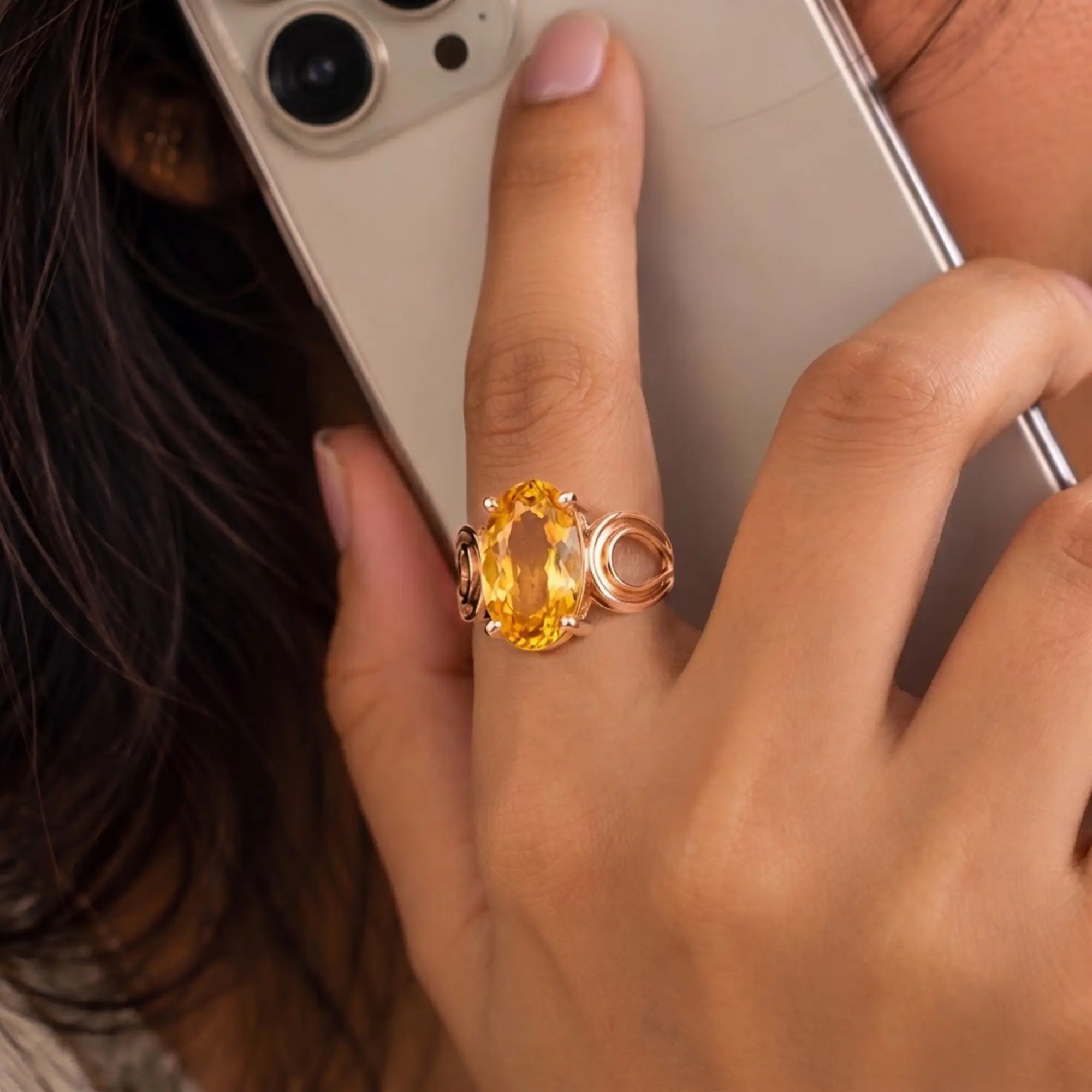 Yellow Sapphire (Pukhraj) Ring for Women in 18K Rose Gold – Oval 13x8 mm, Prong Setting, 6 g (Design K17B-6) thumbnail