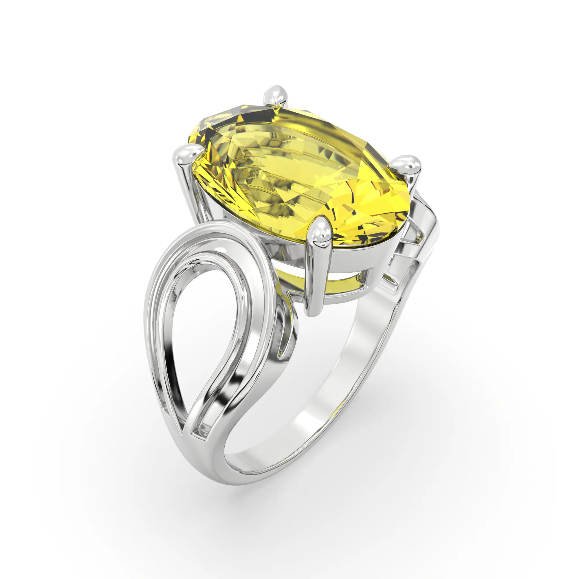 Yellow Sapphire (Pukhraj) Ring for Women in 18K White Gold – Oval 13x8 mm, Prong Setting, 6 g (Design K17B-6) thumbnail