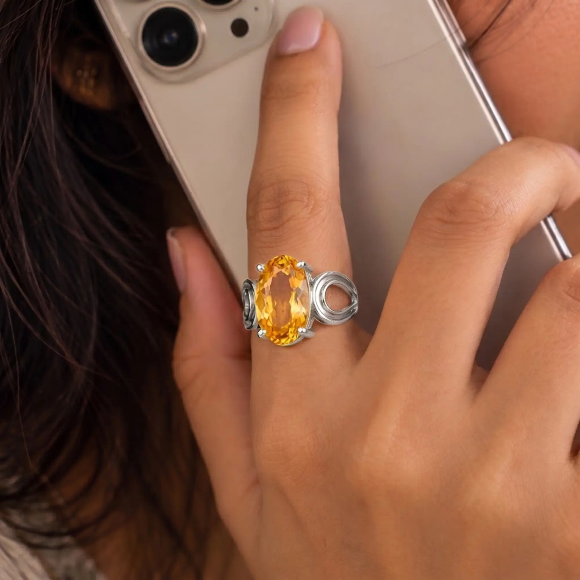 Yellow Sapphire (Pukhraj) Ring for Women in 18K White Gold – Oval 13x8 mm, Prong Setting, 6 g (Design K17B-6) thumbnail