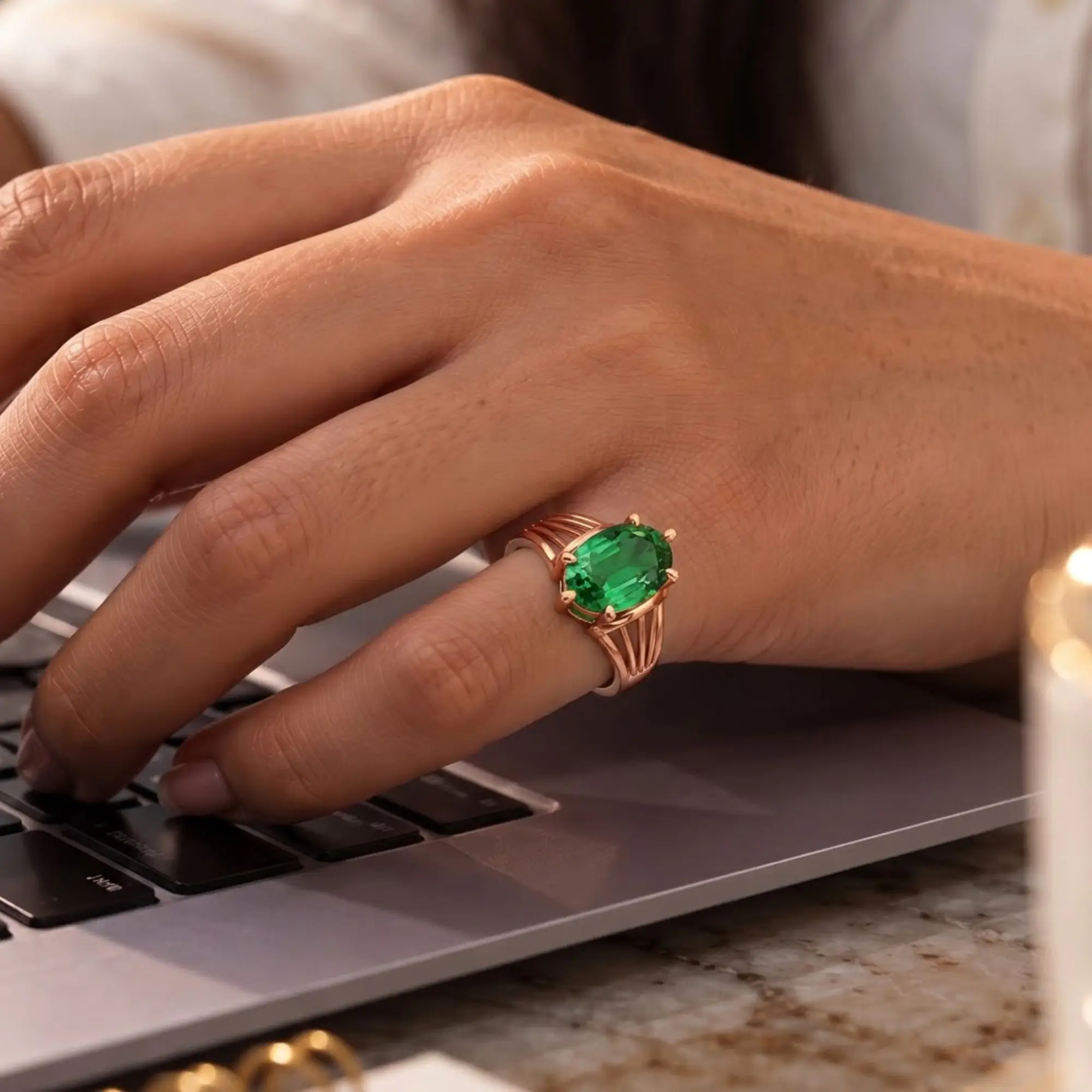 Emerald (Panna) Ring for Women in 18K Rose Gold – Oval 13x8 mm, Prong Setting, 6 g (Design K17B-7) thumbnail