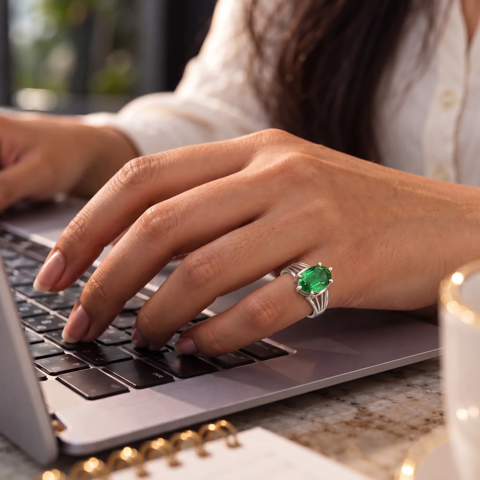 Emerald (Panna) Ring for Women in 18K White Gold – Oval 13x8 mm, Prong Setting, 6 g (Design K17B-7) thumbnail