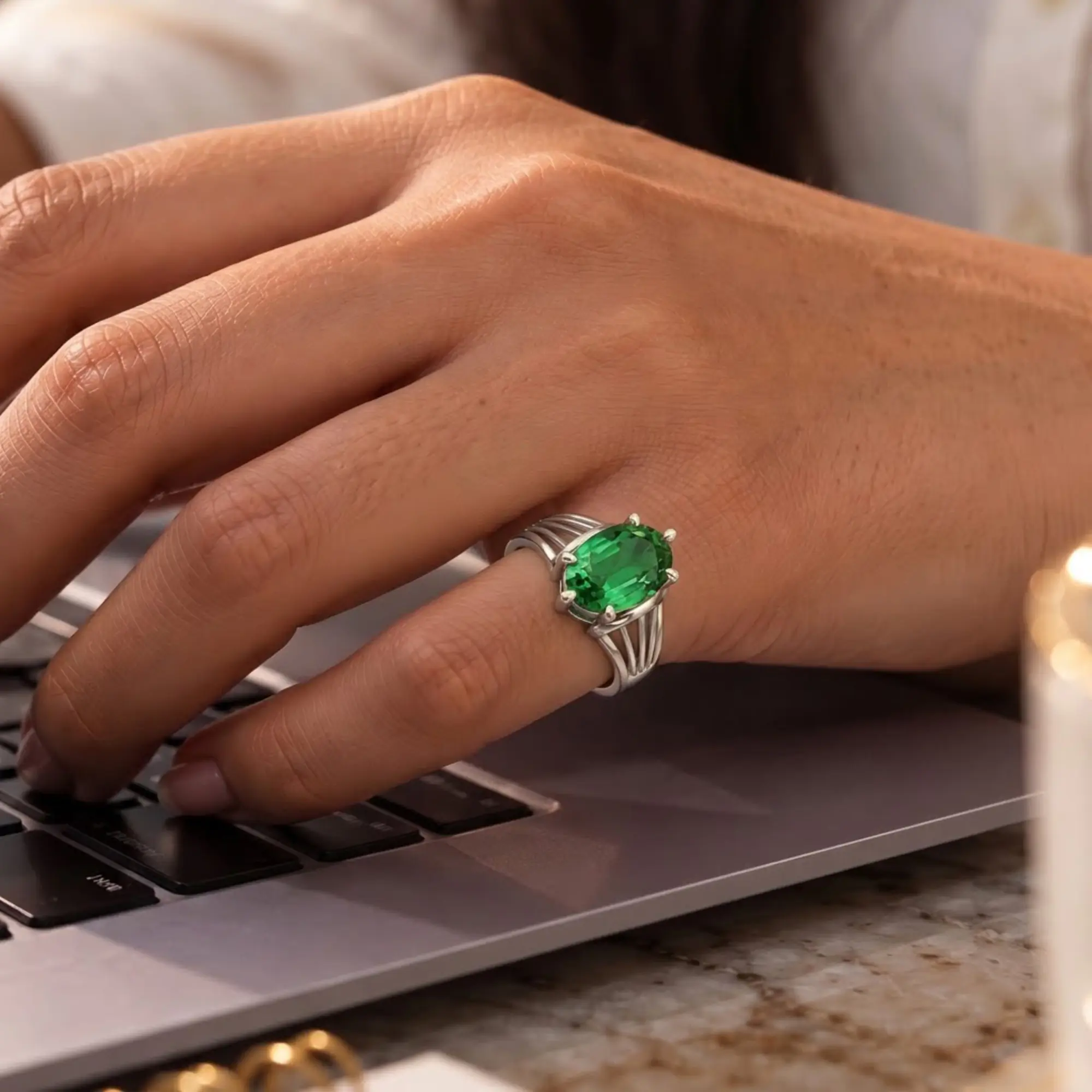 Emerald (Panna) Ring for Women in 18K White Gold – Oval 13x8 mm, Prong Setting, 6 g (Design K17B-7) thumbnail