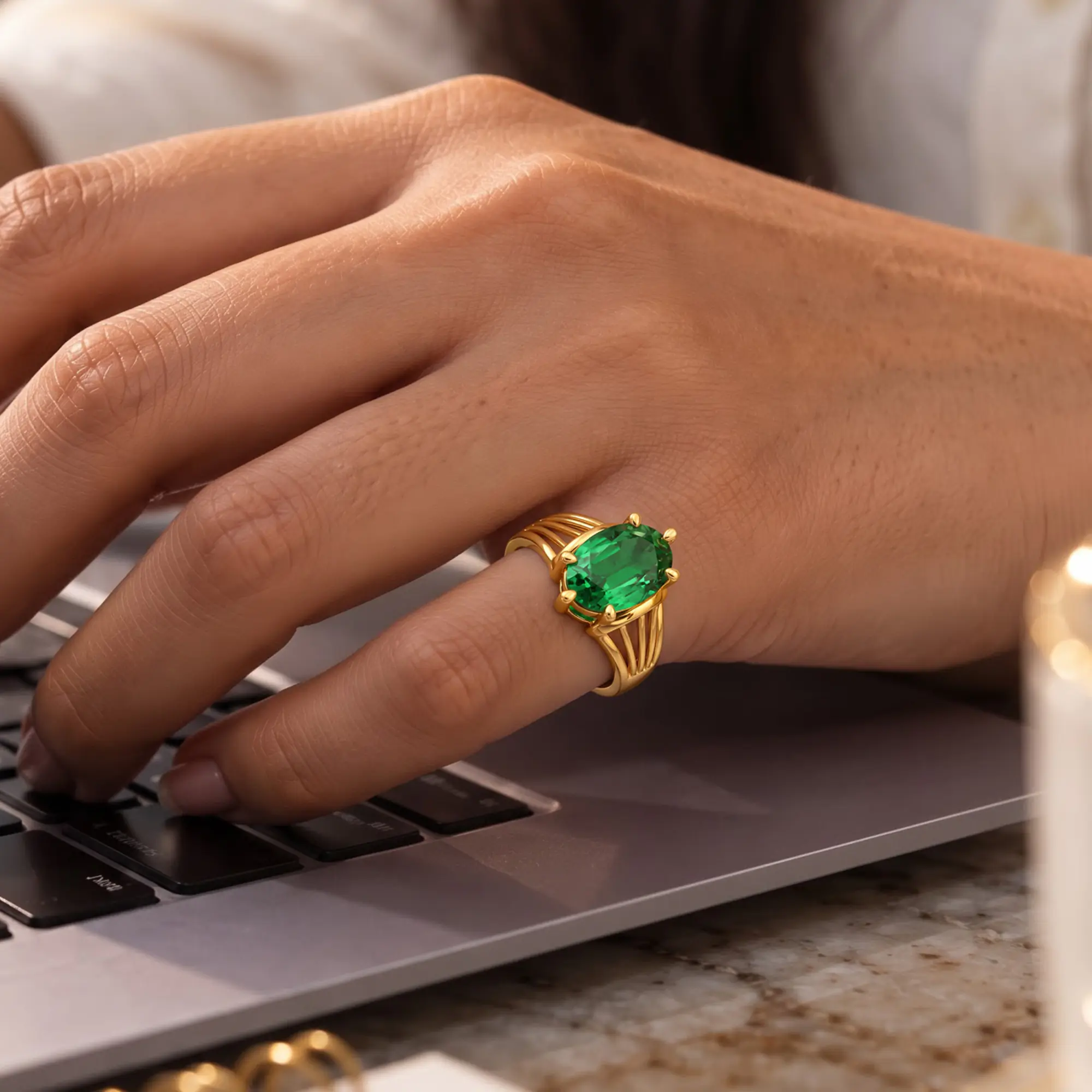 Emerald (Panna) Ring for Women in 22K Yellow Gold – Oval 13x8 mm, Prong Setting, 6 g (Design K17B-7) thumbnail