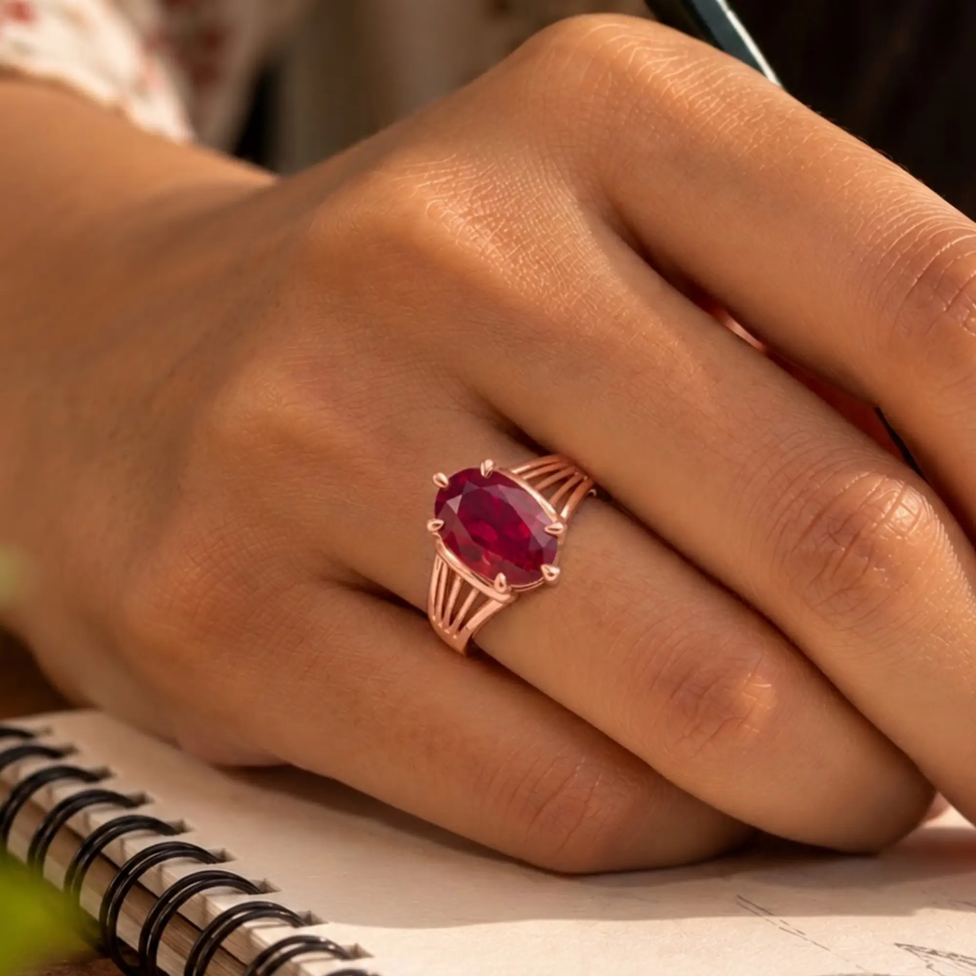 Ruby (Manik) Ring for Women in 18K Rose Gold – Oval 13x8 mm, Prong Setting, 6 g (Design K17B-7) thumbnail