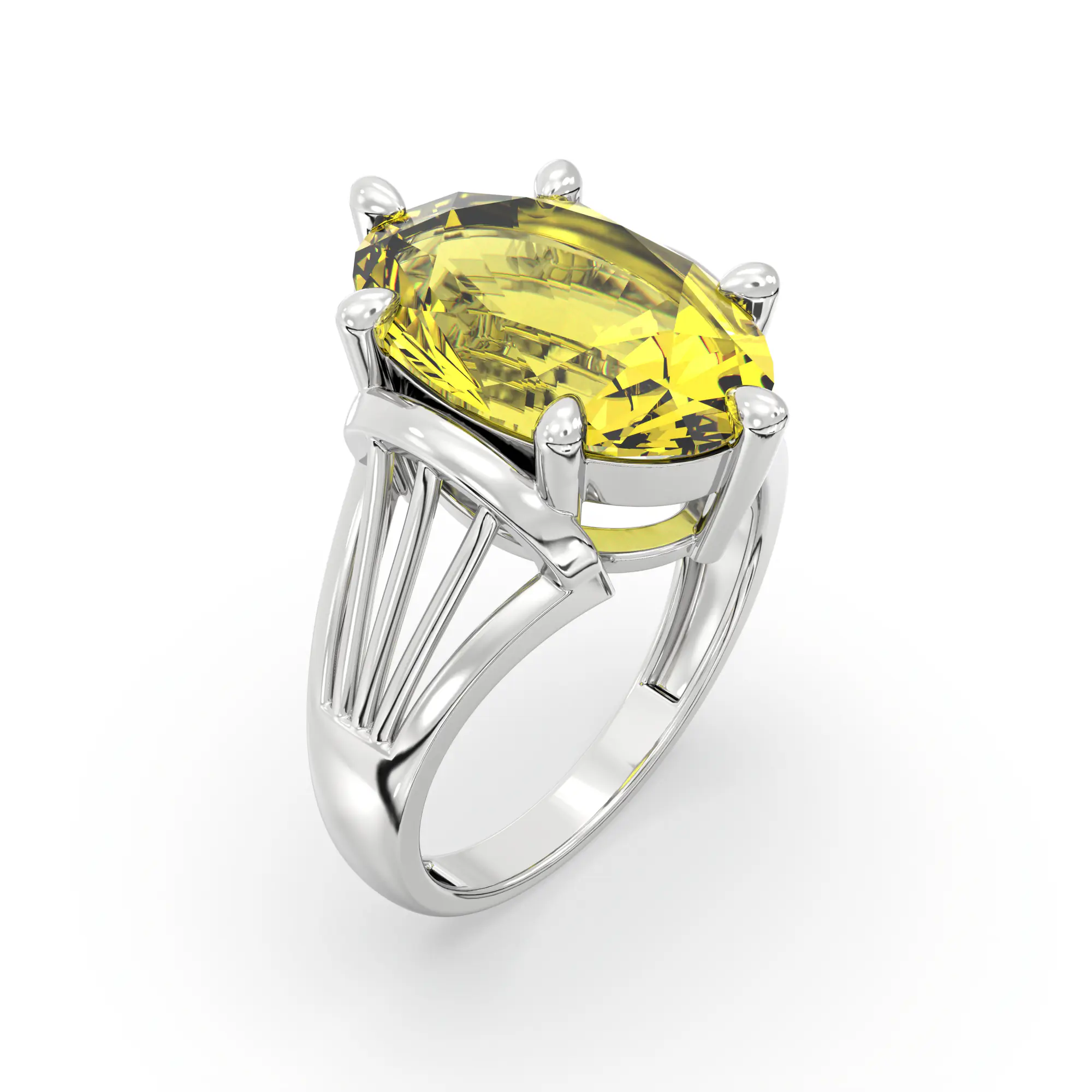Yellow Sapphire (Pukhraj) Ring for Women in 18K White Gold – Oval 13x8 mm, Prong Setting, 6 g (Design K17B-7) thumbnail