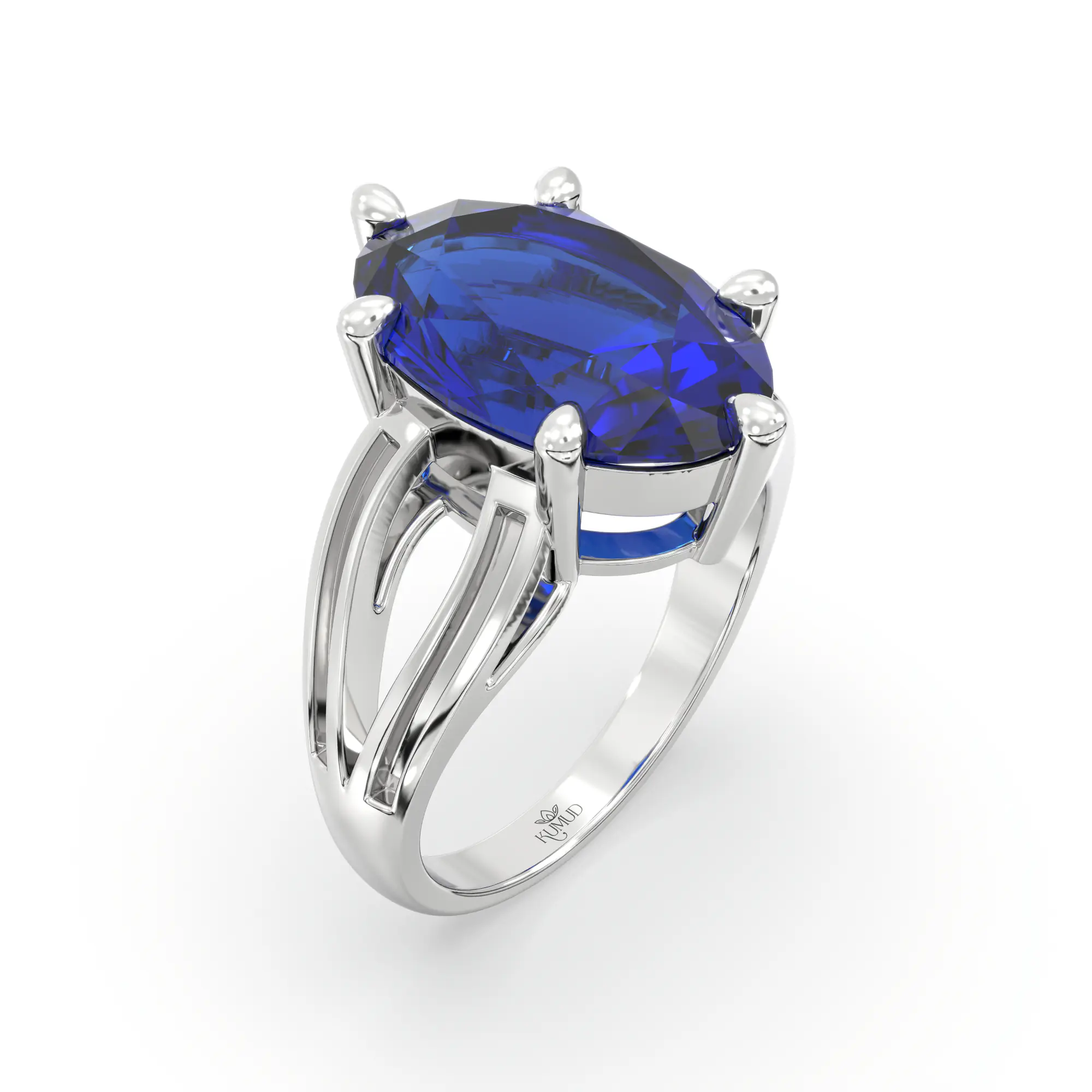 Blue Sapphire (Neelam) Ring for Women in 18K White Gold – Oval 13x8 mm, Prong Setting, 7 g (Design K17B-8) thumbnail