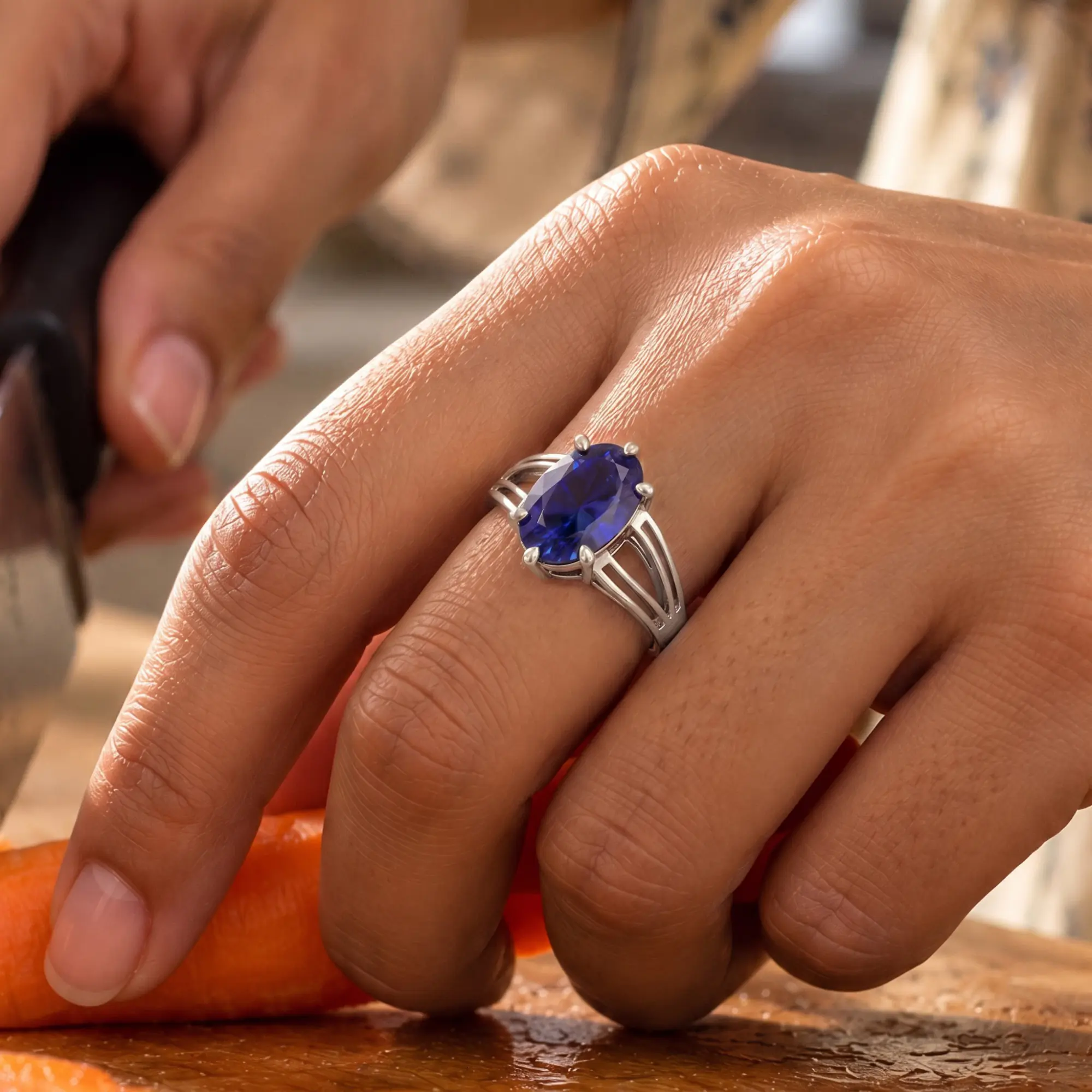 Blue Sapphire (Neelam) Ring for Women in 18K White Gold – Oval 13x8 mm, Prong Setting, 7 g (Design K17B-8) thumbnail