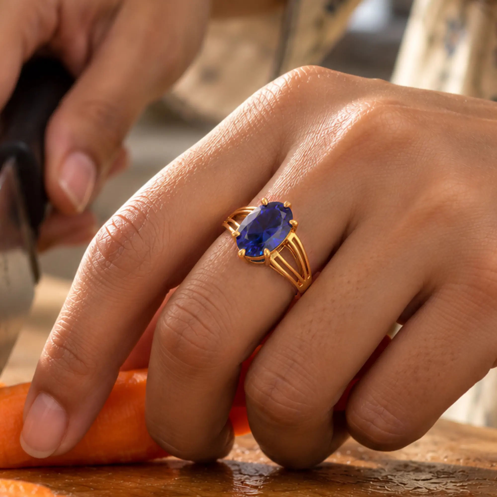 Blue Sapphire (Neelam) Ring for Women in 22K Yellow Gold – Oval 13x8 mm, Prong Setting, 7 g (Design K17B-8) thumbnail