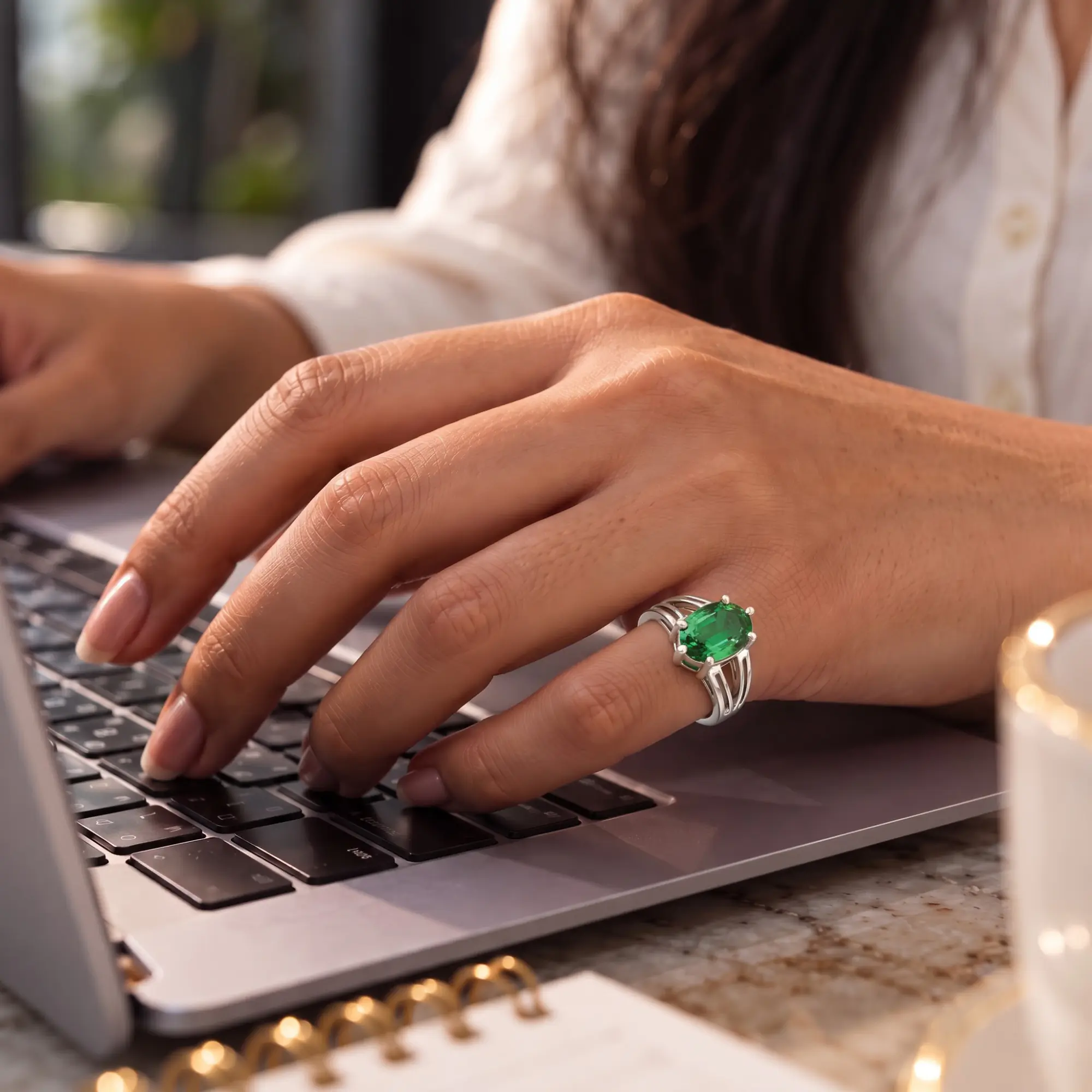 Emerald (Panna) Ring for Women in 18K White Gold – Oval 13x8 mm, Prong Setting, 7 g (Design K17B-8) thumbnail