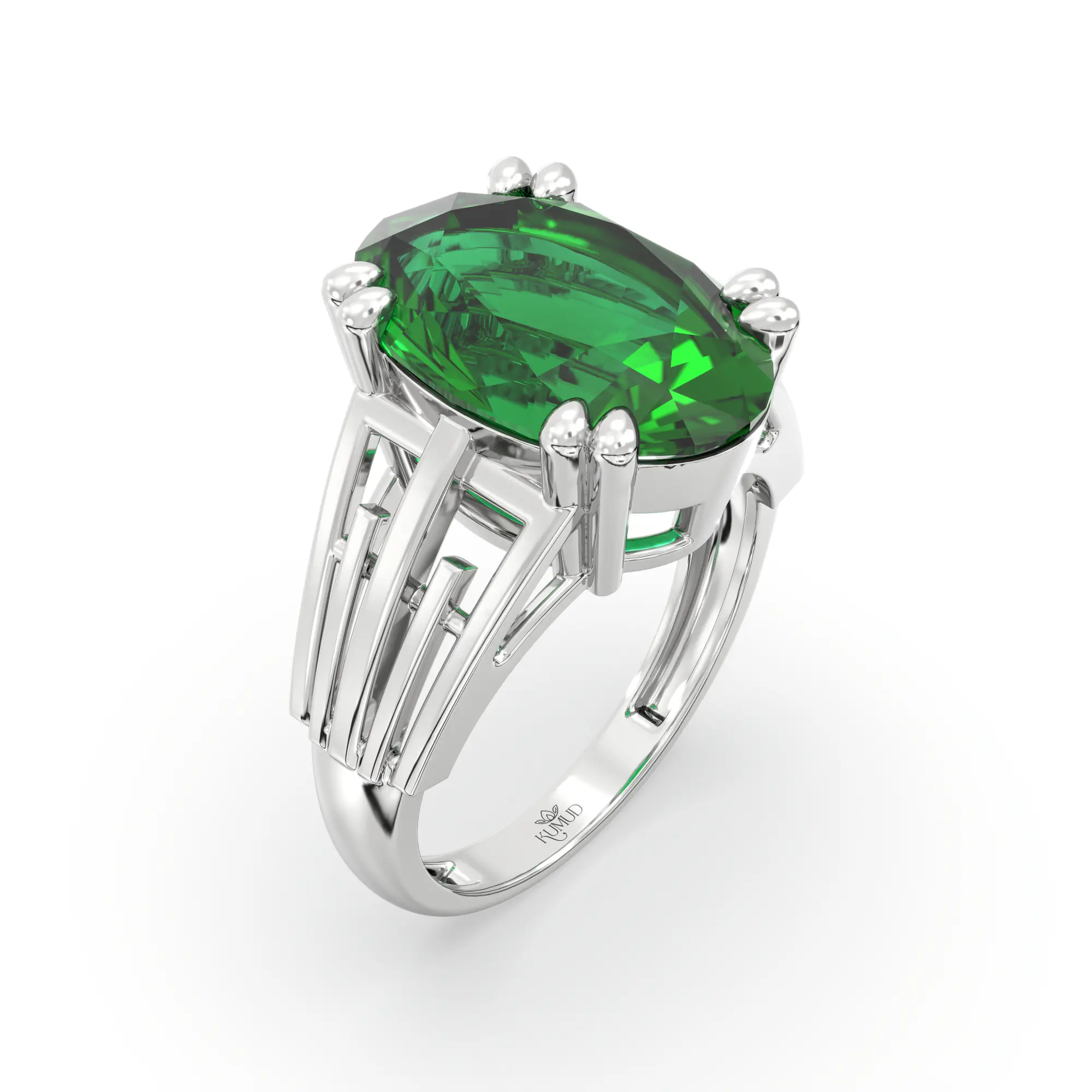 Emerald (Panna) Ring for Women in 18K White Gold – Oval 13x8 mm, Prong Setting, 6 g (Design K17B-9) thumbnail