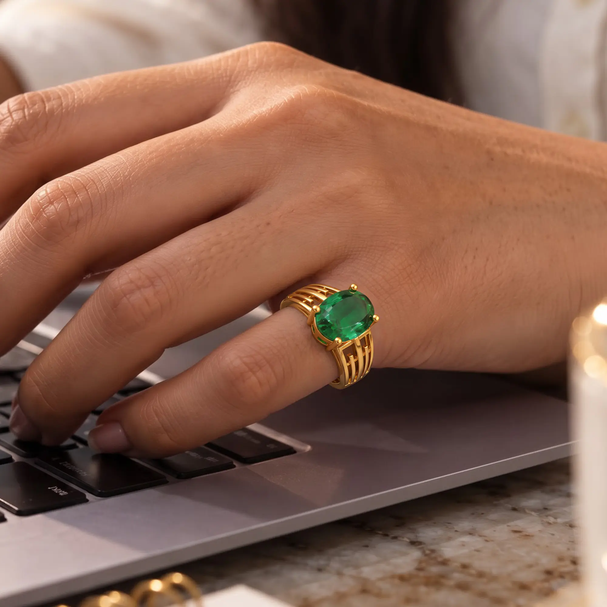 Emerald (Panna) Ring for Women in 22K Yellow Gold – Oval 13x8 mm, Prong Setting, 6 g (Design K17B-9) thumbnail