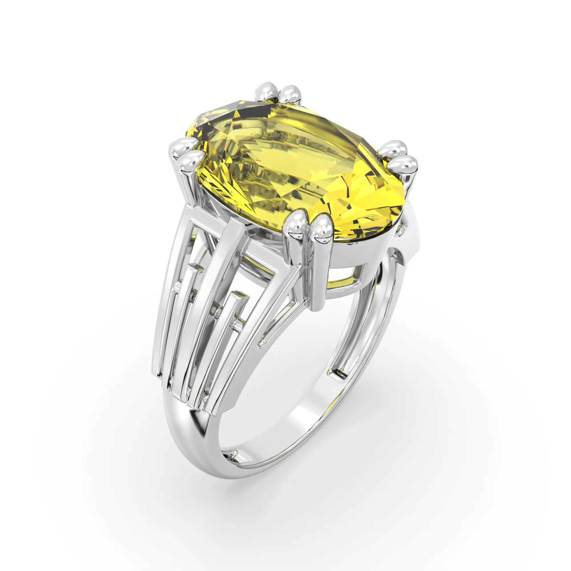 Yellow Sapphire (Pukhraj) Ring for Women in 18K White Gold – Oval 13x8 mm, Prong Setting, 6 g (Design K17B-9) thumbnail