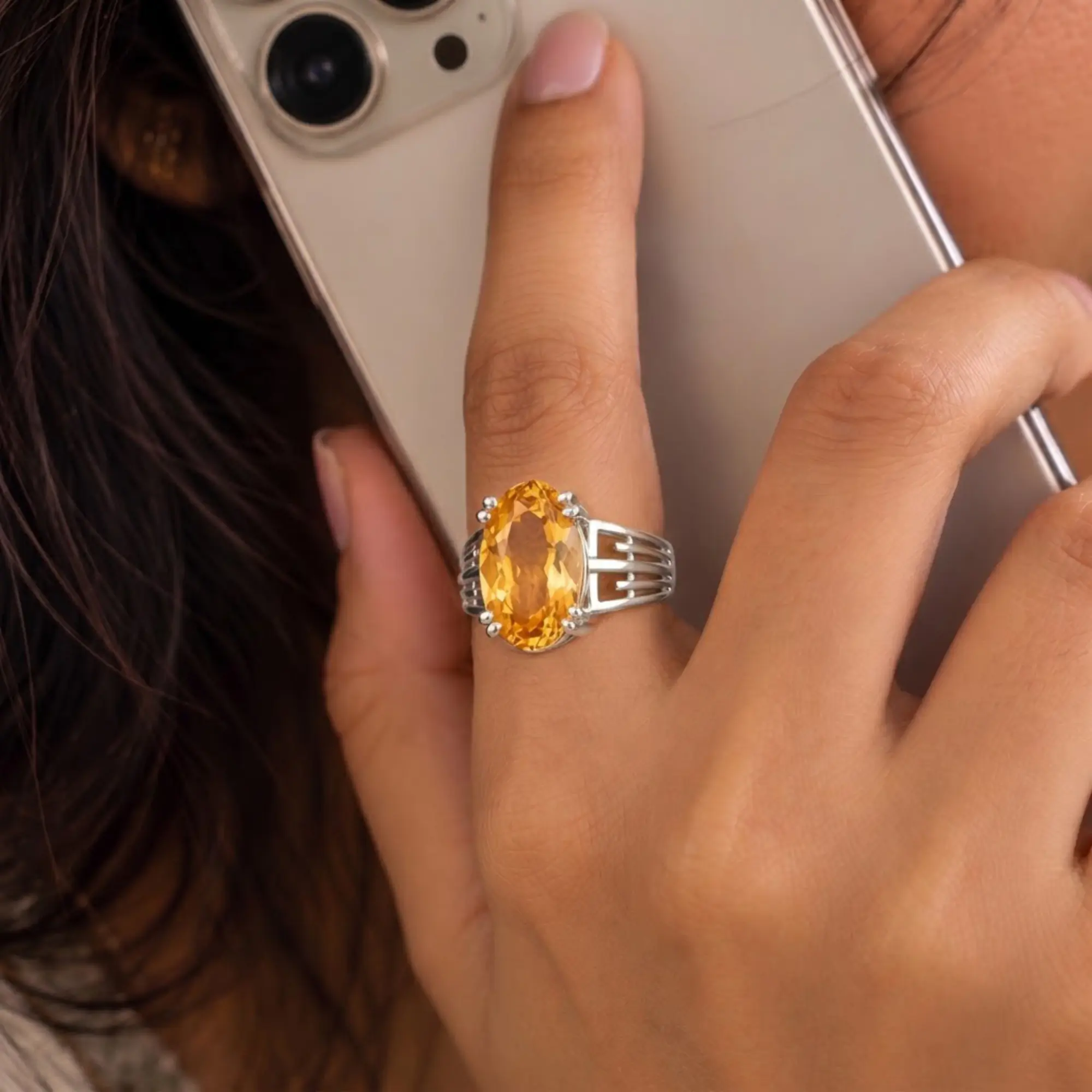 Yellow Sapphire (Pukhraj) Ring for Women in 18K White Gold – Oval 13x8 mm, Prong Setting, 6 g (Design K17B-9) thumbnail