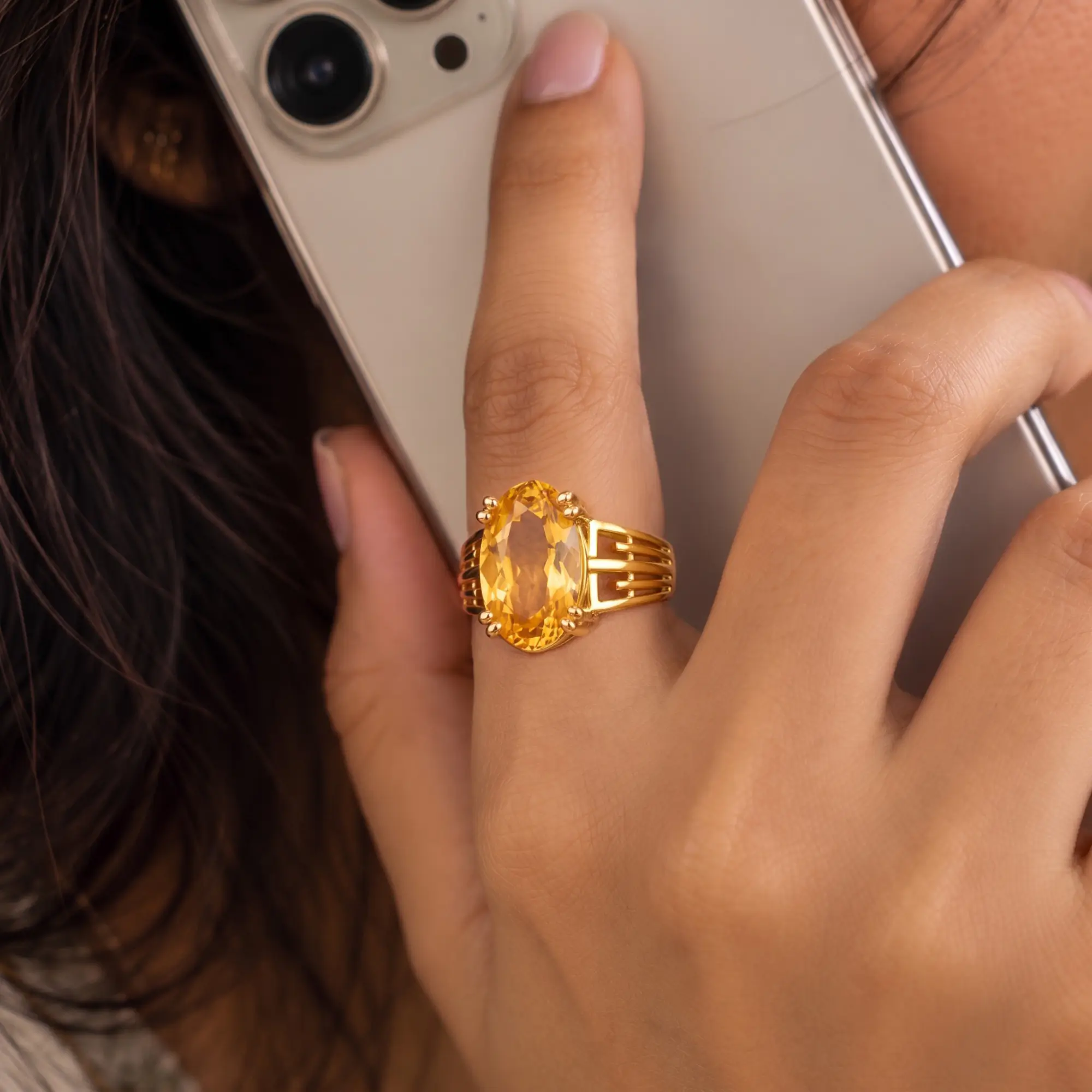 Yellow Sapphire (Pukhraj) Ring for Women in 22K Yellow Gold – Oval 13x8 mm, Prong Setting, 6 g (Design K17B-9) thumbnail