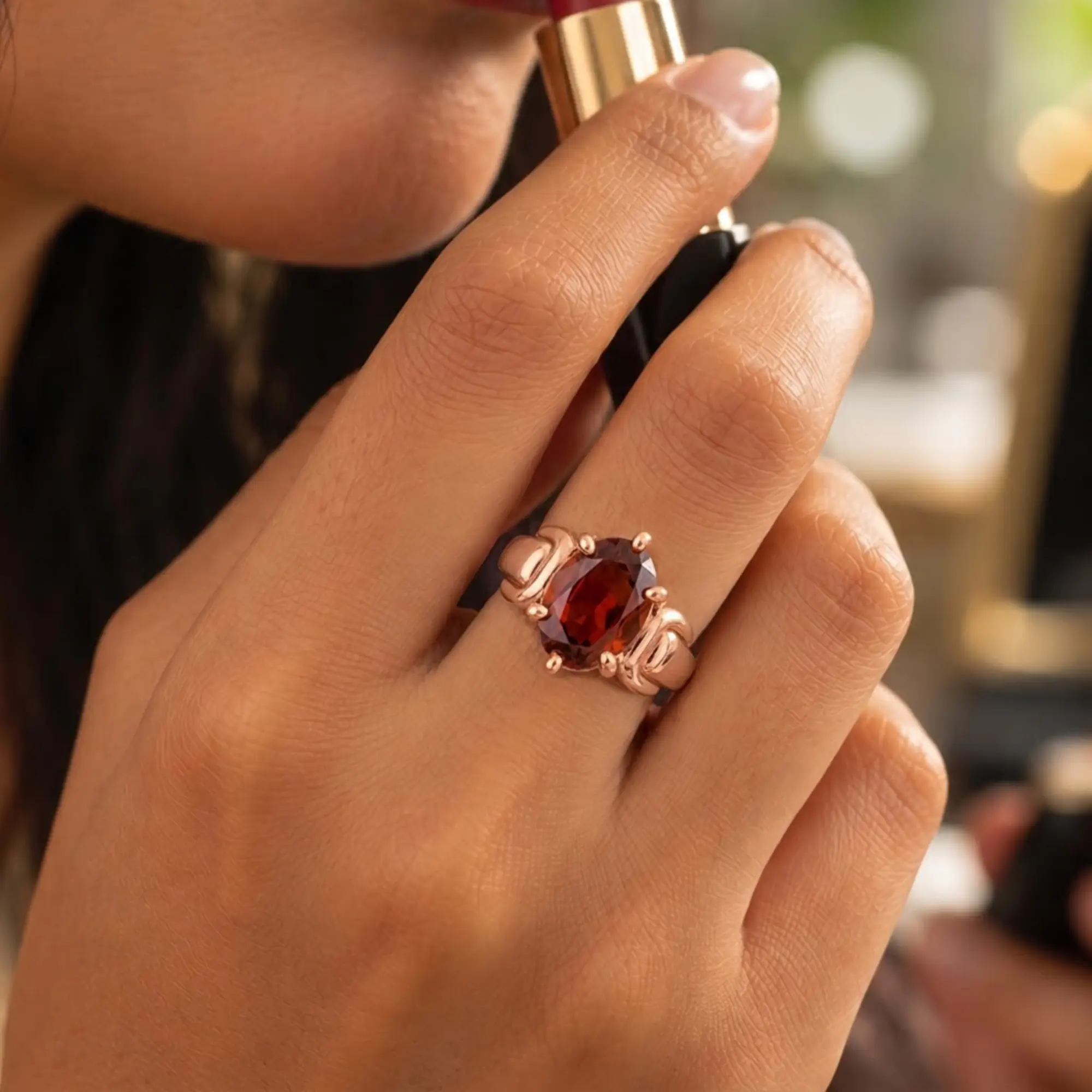 Hessonite (Gomed) Ring for Women in 18K Rose Gold – Oval 13x8 mm, Prong Setting, 7 g (Design K17B-10) thumbnail