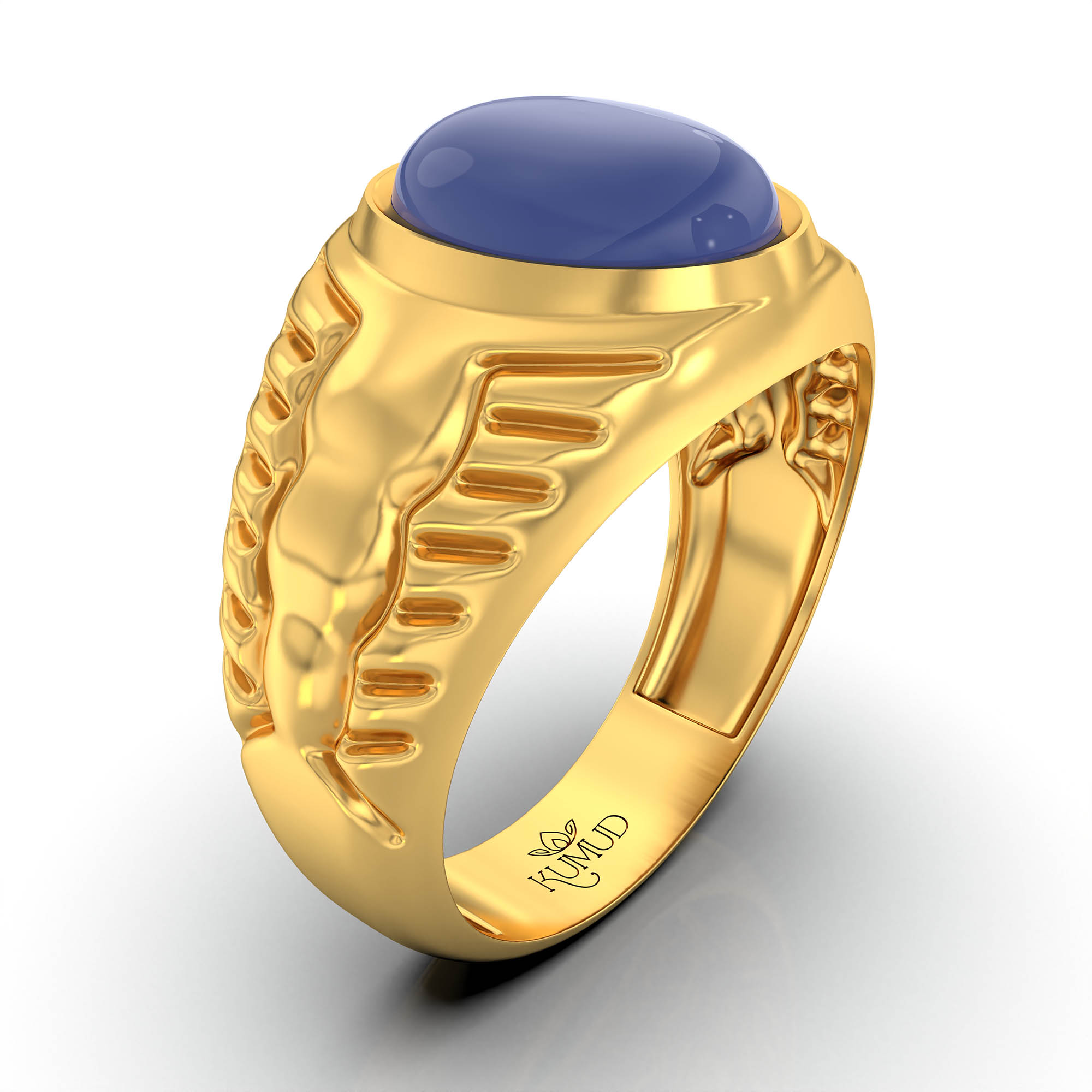 Blue Sapphire (Neelam) Antique Ring for Men in 22K Yellow Gold – Oval Cabochon 11x9 mm, Bezel Setting, 8 g (Design KA-3) thumbnail