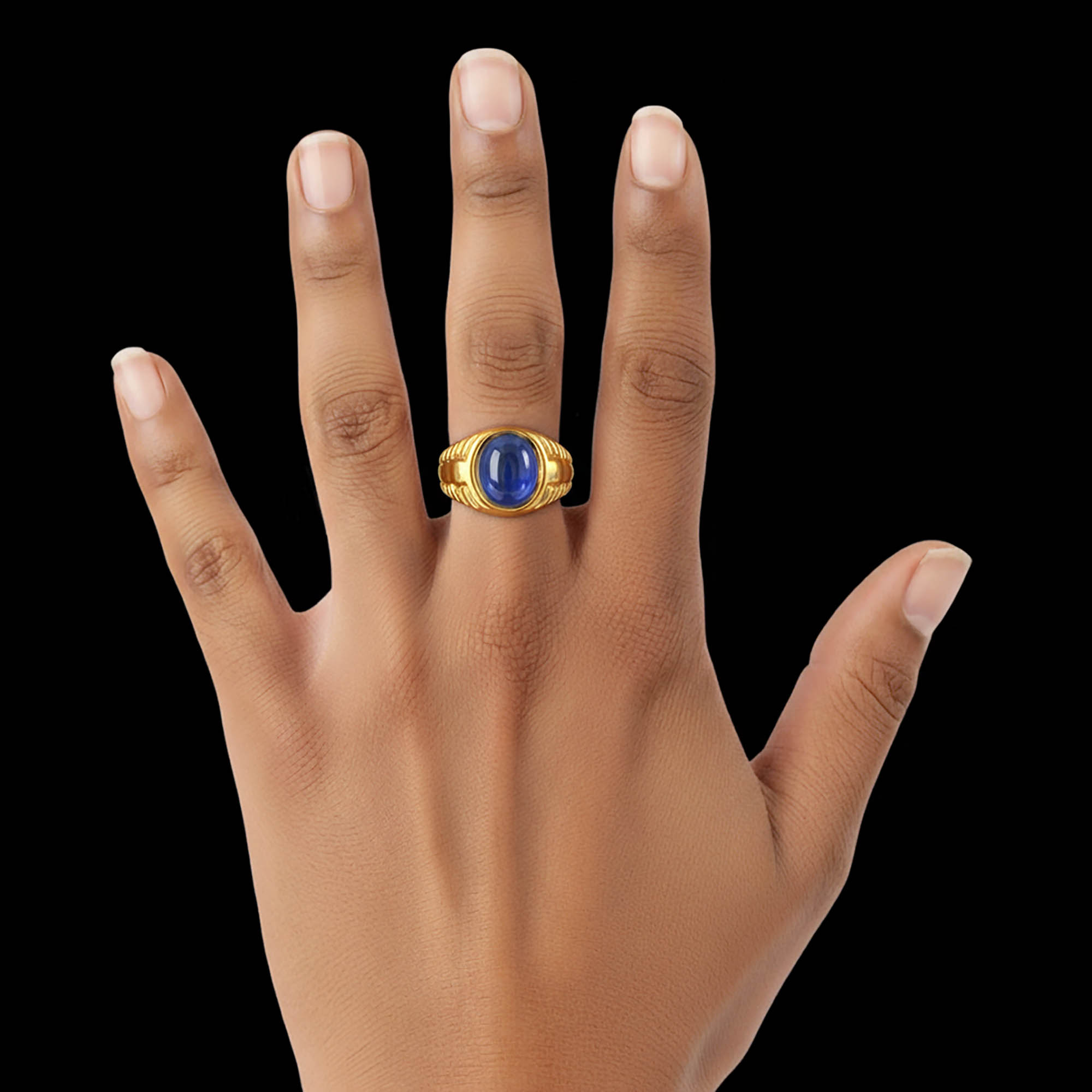 Blue Sapphire (Neelam) Antique Ring for Men in 22K Yellow Gold – Oval Cabochon 11x9 mm, Bezel Setting, 8 g (Design KA-3) thumbnail