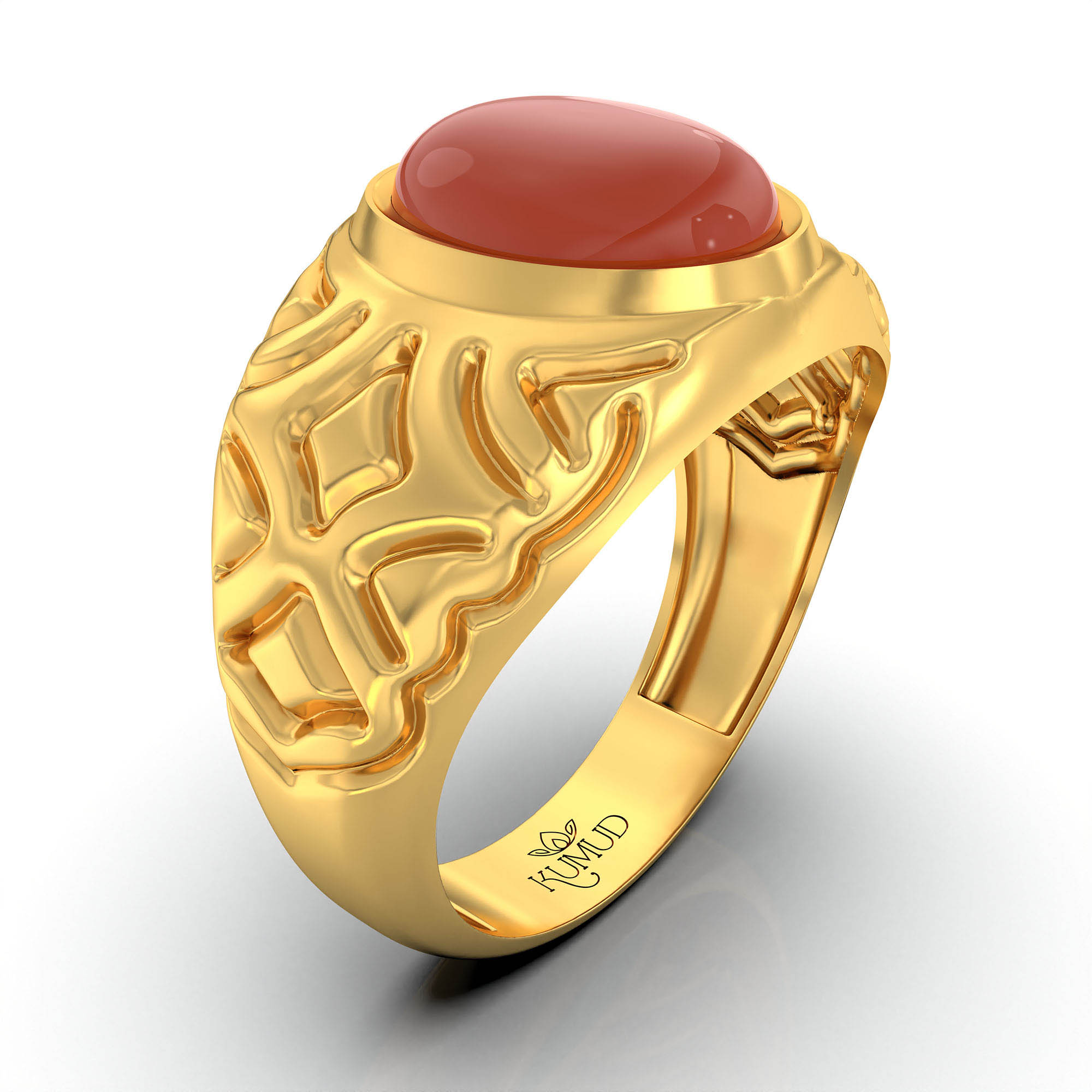 Red Coral (Moonga) Antique Ring for Men in 22K Yellow Gold – Oval Cabochon 11x9 mm, Bezel Setting, 8 g (Design KA-4) thumbnail