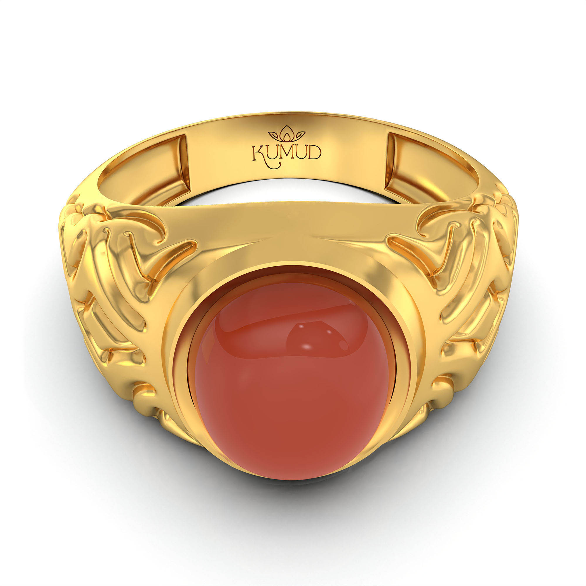 Red Coral (Moonga) Antique Ring for Men in 22K Yellow Gold – Oval Cabochon 11x9 mm, Bezel Setting, 8 g (Design KA-4) thumbnail