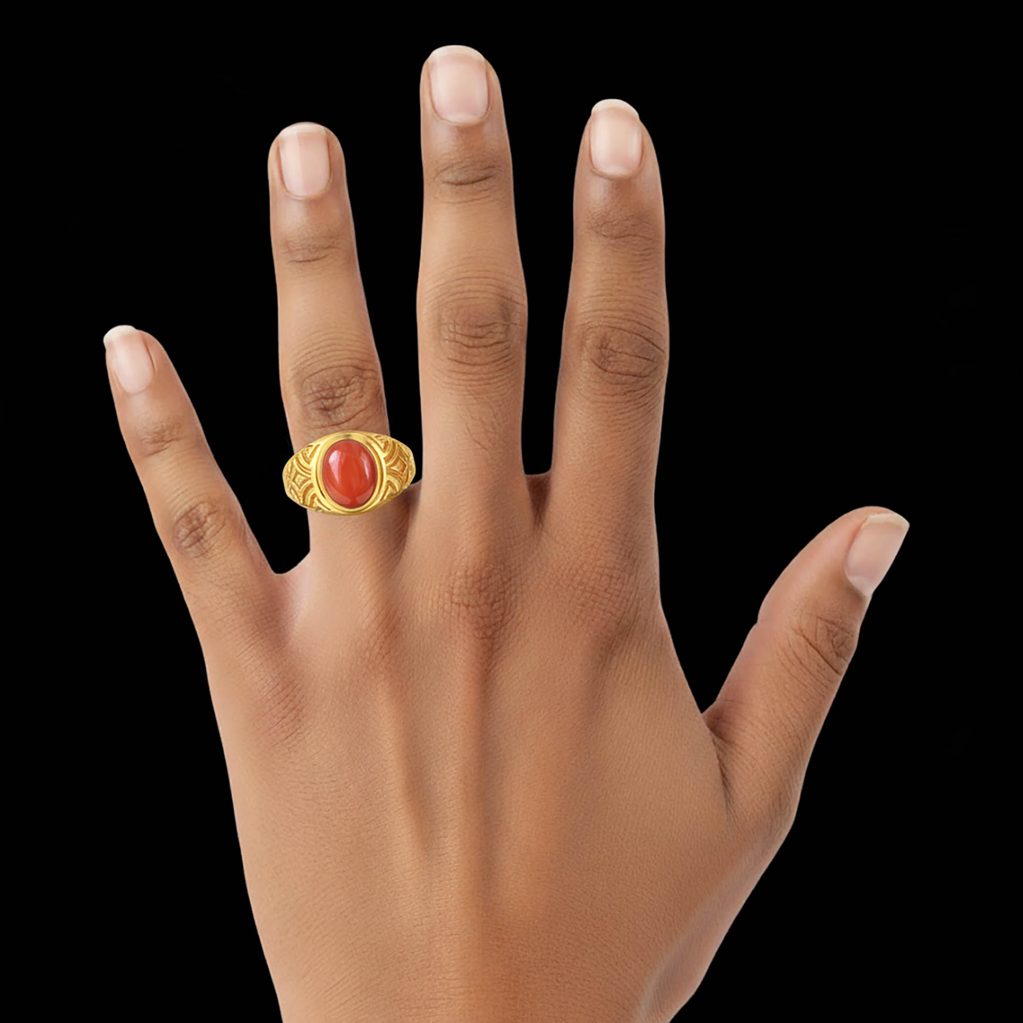Red Coral (Moonga) Antique Ring for Men in 22K Yellow Gold – Oval Cabochon 11x9 mm, Bezel Setting, 8 g (Design KA-4) thumbnail