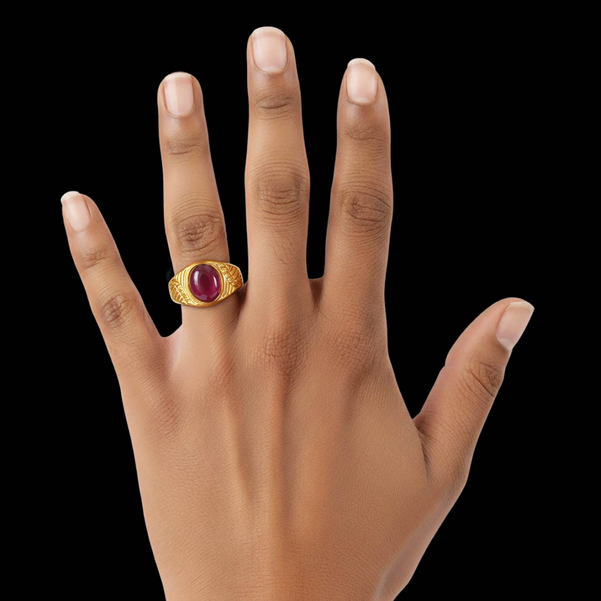 Ruby (Manik) Antique Ring for Men in 22K Yellow Gold – Oval Cabochon 11x9 mm, Bezel Setting, 8 g (Design KA-6) thumbnail