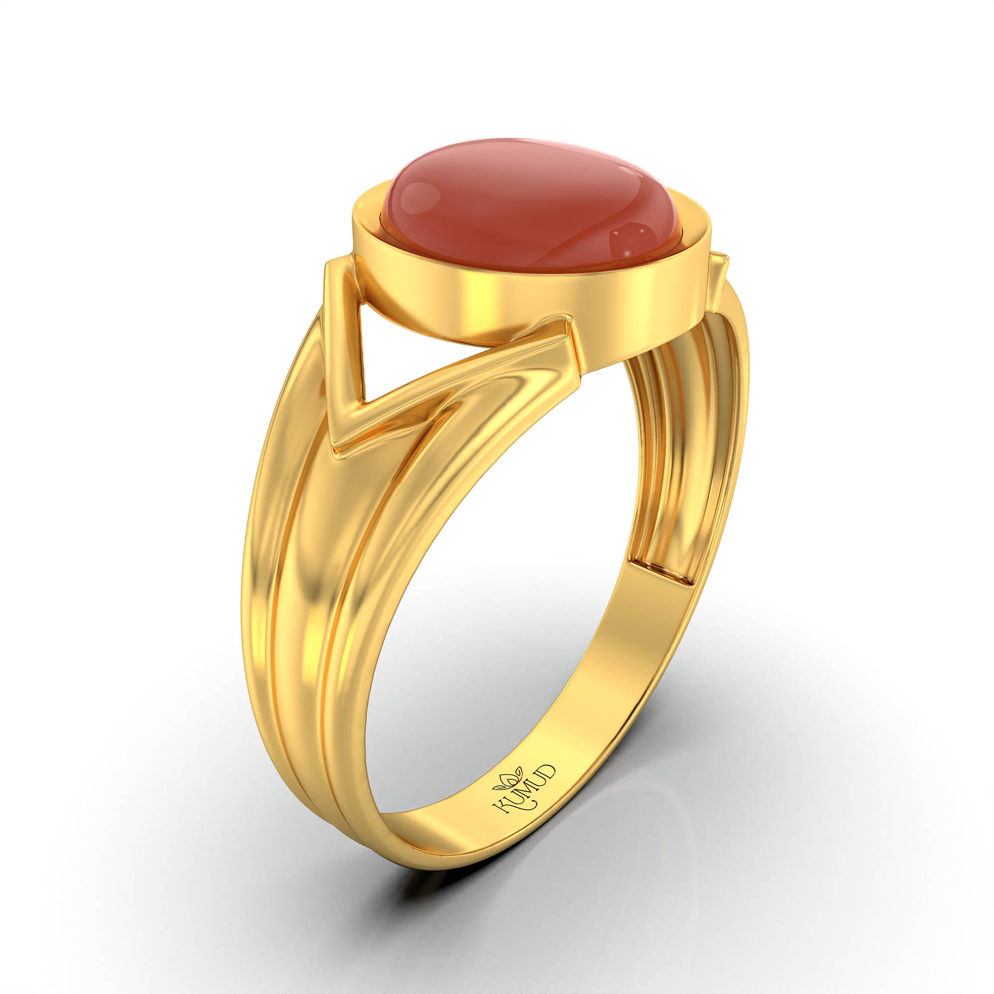 Red Coral (Moonga) Ring for Men in 22K Yellow Gold – Oval Cabochon 9x8 mm, Bezel Setting, 4 g (Design KF-1) thumbnail