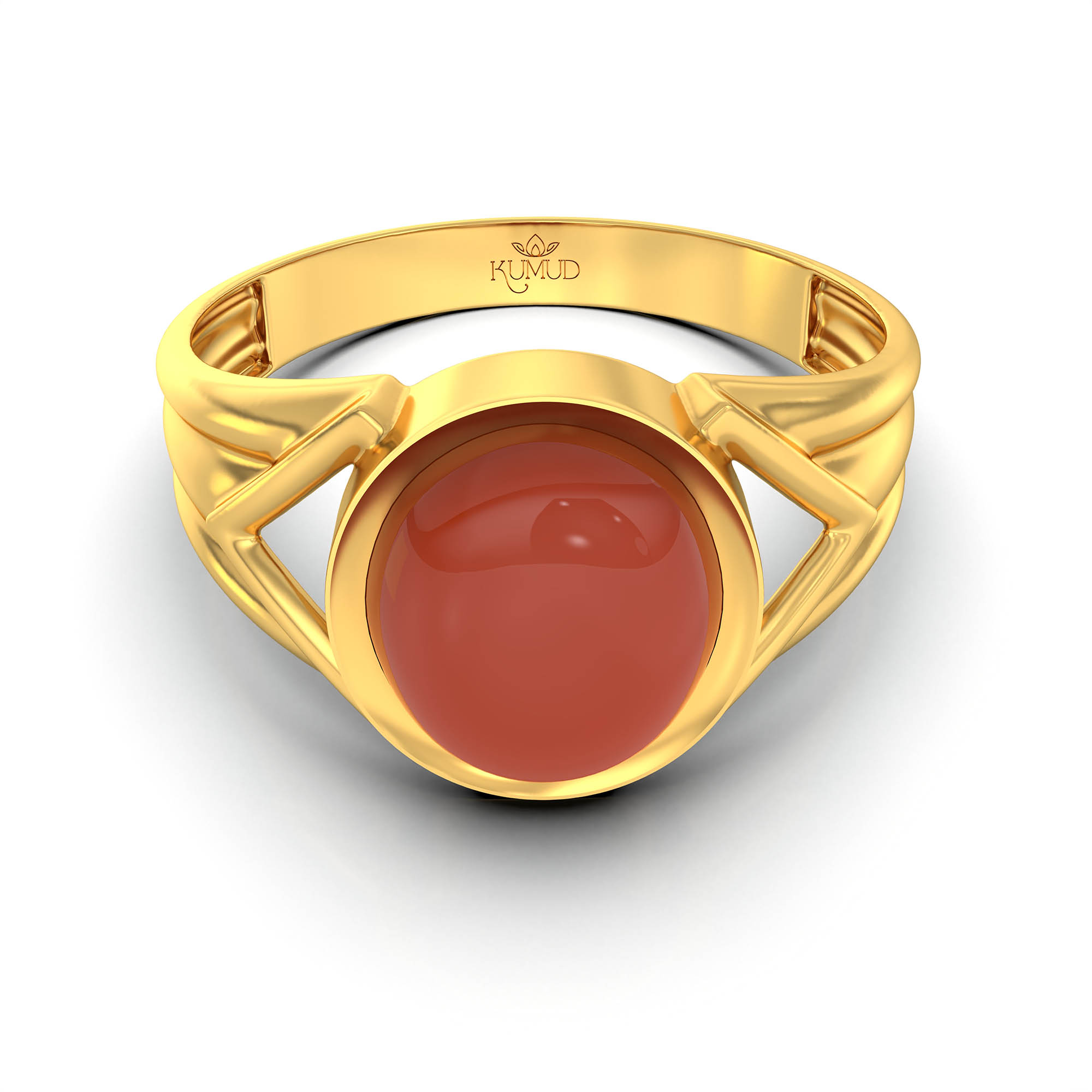 Red Coral (Moonga) Ring for Men in 22K Yellow Gold – Oval Cabochon 9x8 mm, Bezel Setting, 4 g (Design KF-1) thumbnail