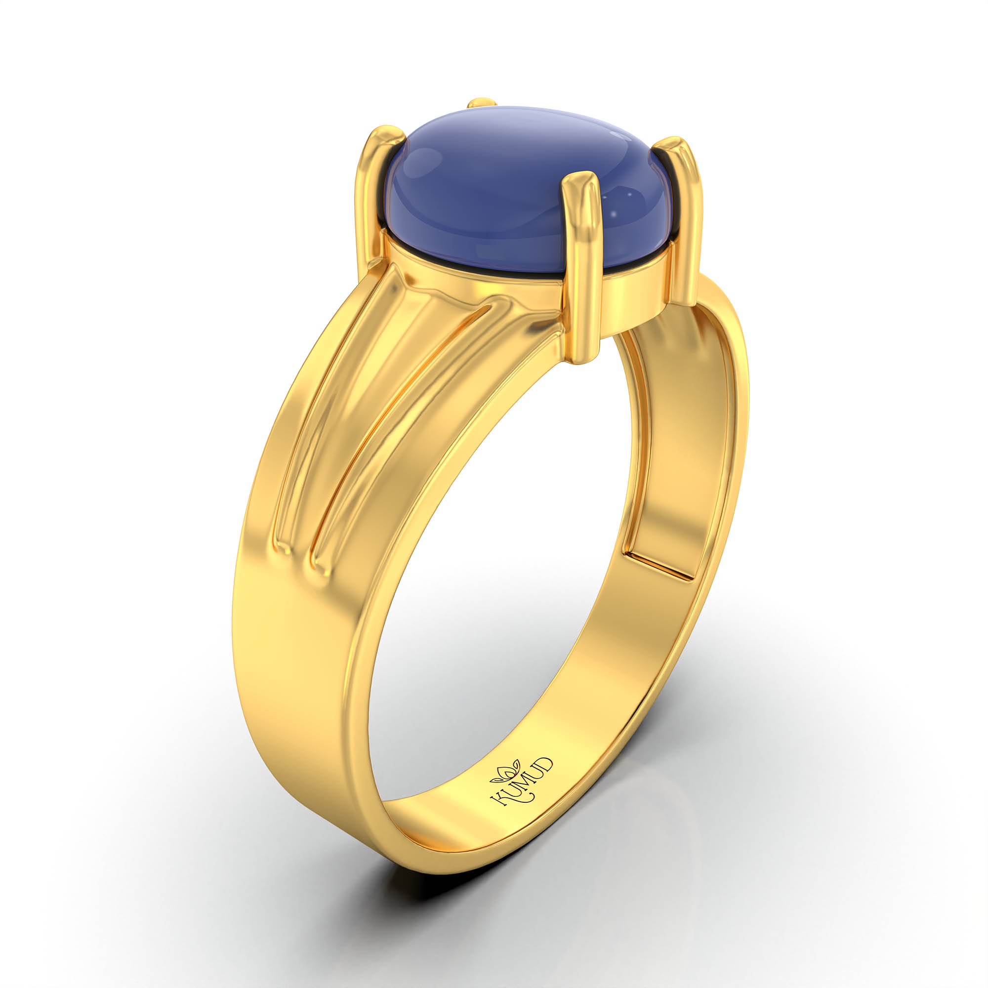 Blue Sapphire (Neelam) Ring for Men in 22K Yellow Gold – Oval Cabochon 9x8 mm, Prong Setting, 4 g (Design KF-2) thumbnail
