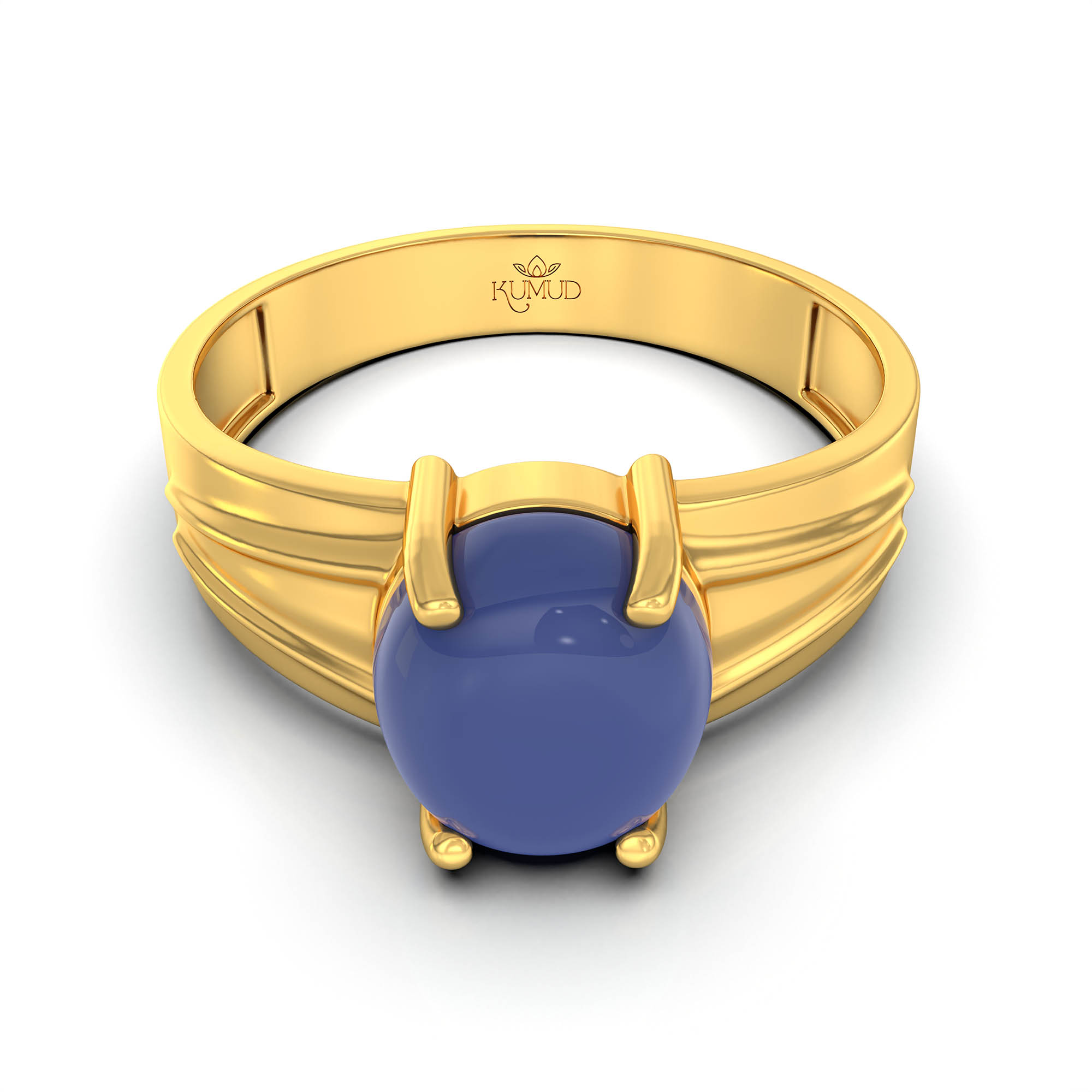 Blue Sapphire (Neelam) Ring for Men in 22K Yellow Gold – Oval Cabochon 9x8 mm, Prong Setting, 4 g (Design KF-2) thumbnail