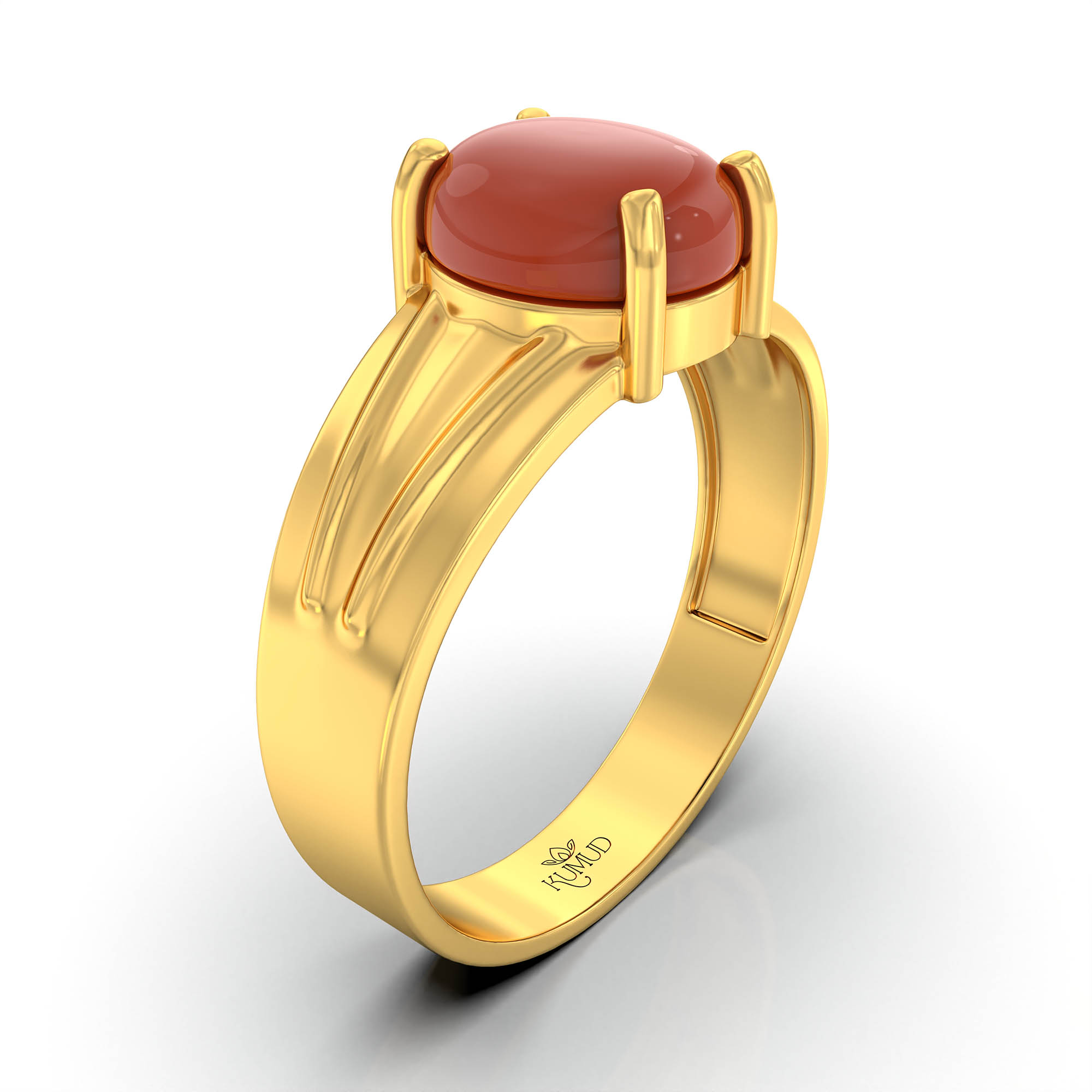Red Coral (Moonga) Ring for Men in 22K Yellow Gold – Oval Cabochon 9x8 mm, Prong Setting, 4 g (Design KF-2) thumbnail