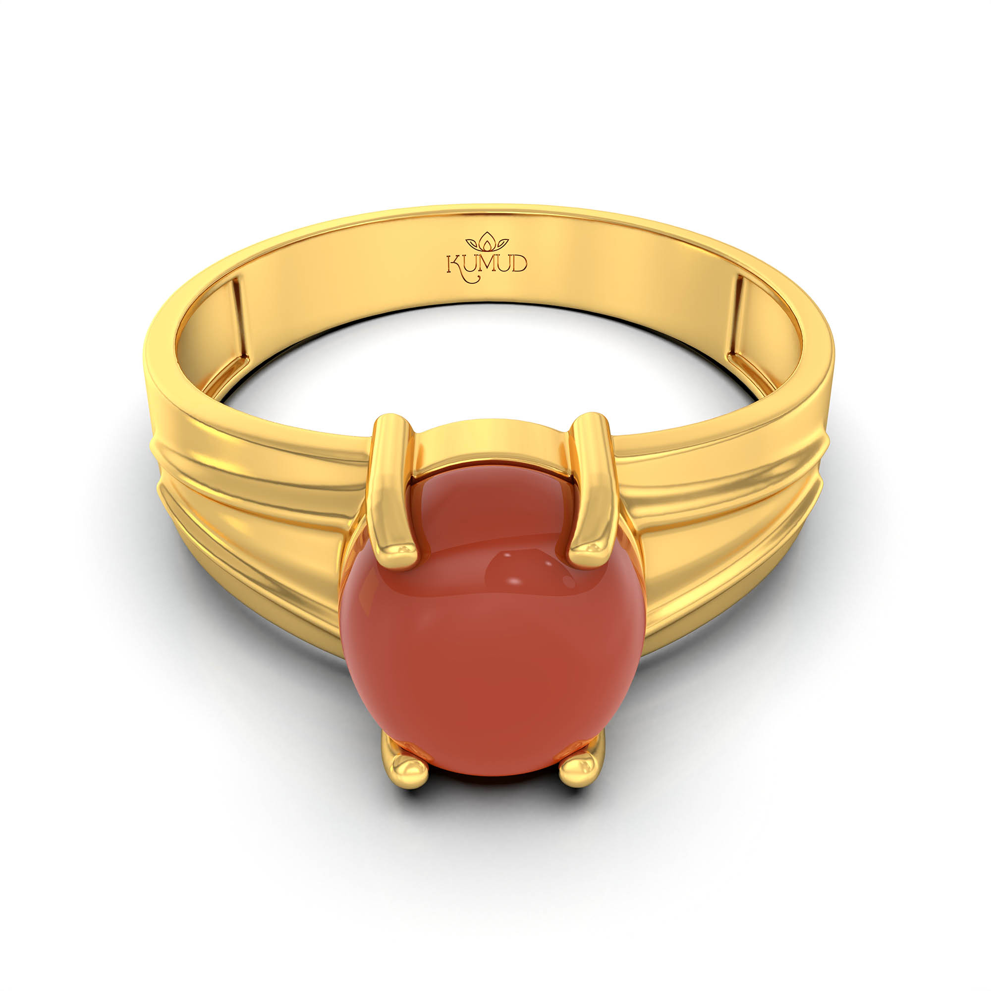 Red Coral (Moonga) Ring for Men in 22K Yellow Gold – Oval Cabochon 9x8 mm, Prong Setting, 4 g (Design KF-2) thumbnail
