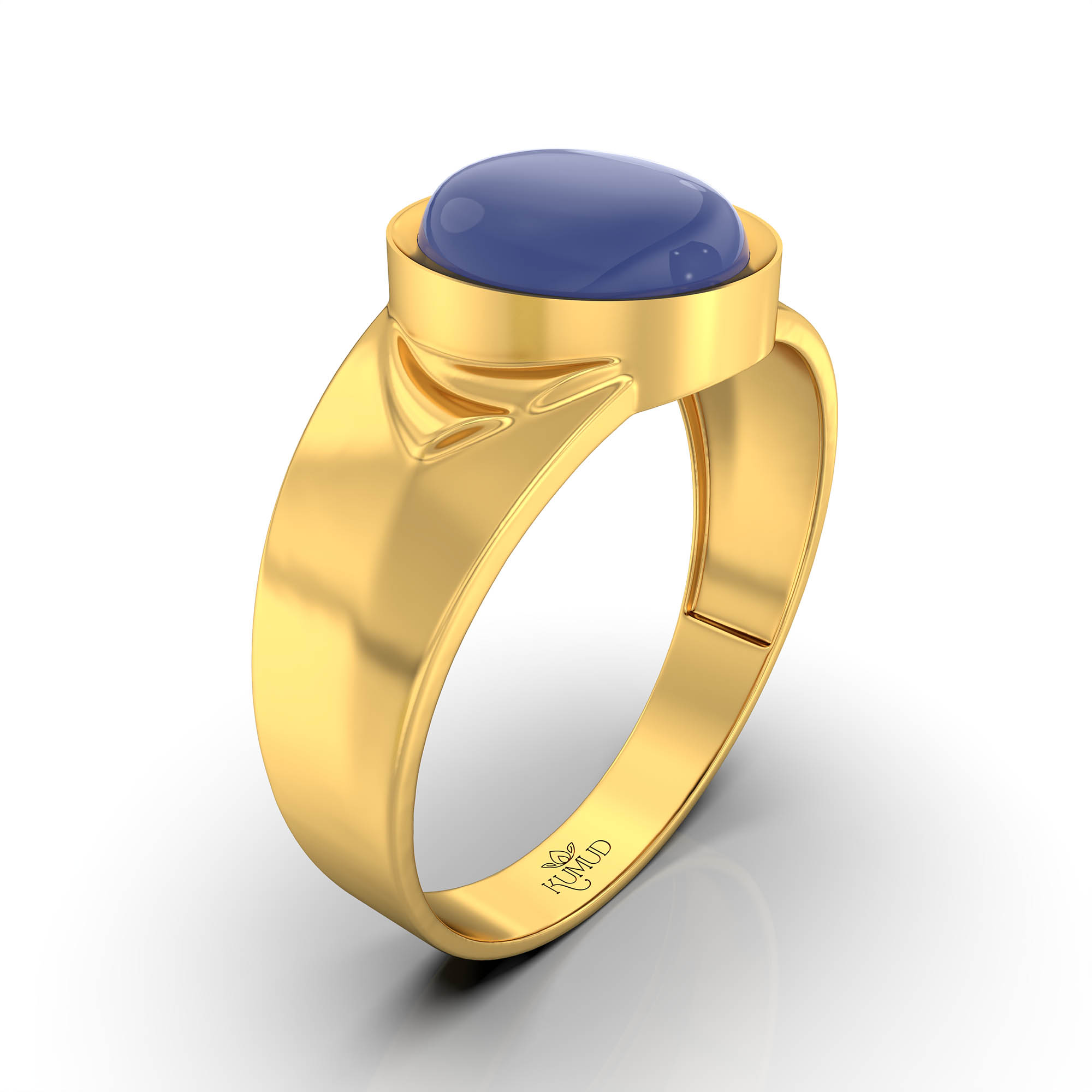 Blue Sapphire (Neelam) Ring for Men in 22K Yellow Gold – Oval Cabochon 9x8 mm, Bezel Setting, 4 g (Design KF-4) thumbnail