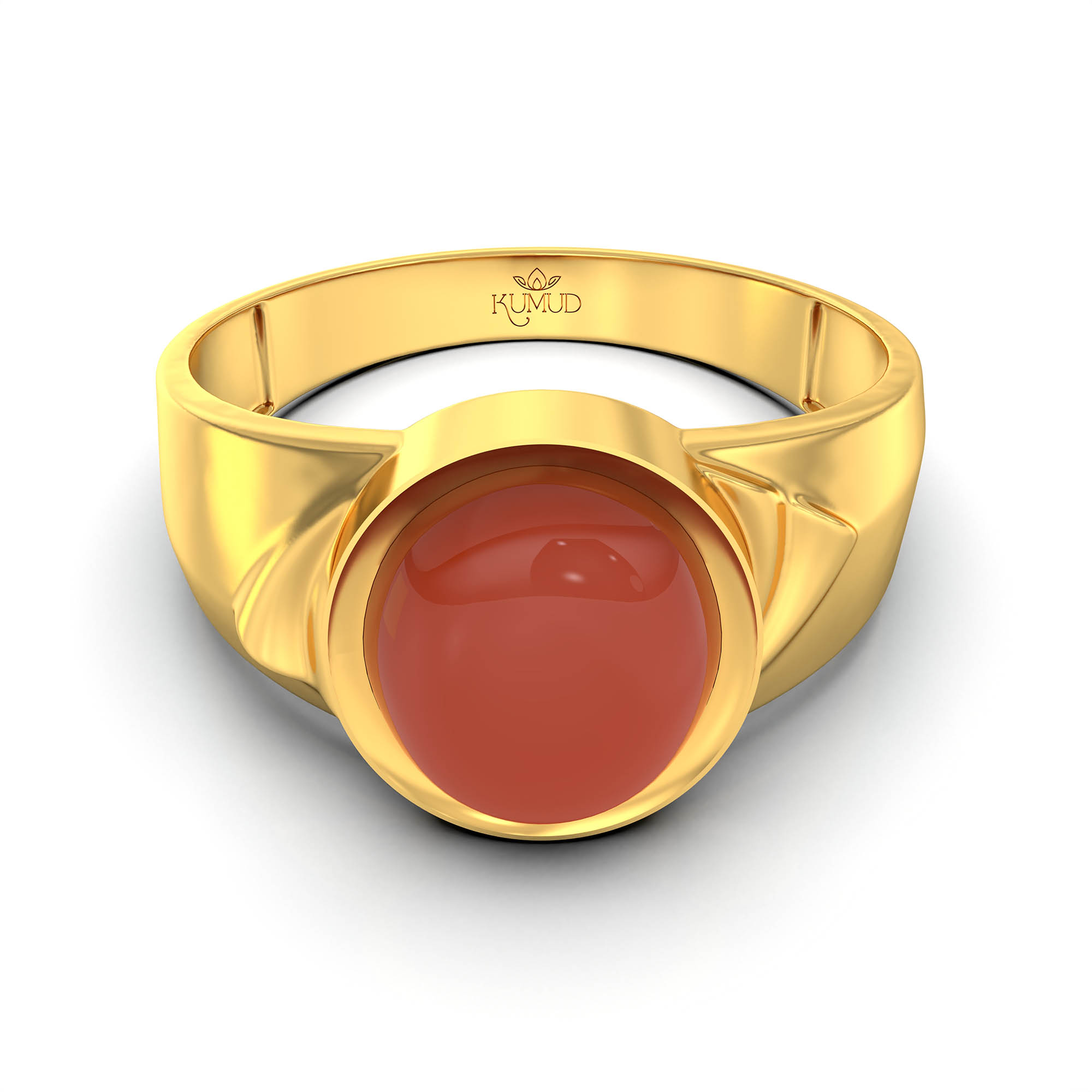 Red Coral (Moonga) Ring for Men in 22K Yellow Gold – Oval Cabochon 9x8 mm, Bezel Setting, 4 g (Design KF-4) thumbnail