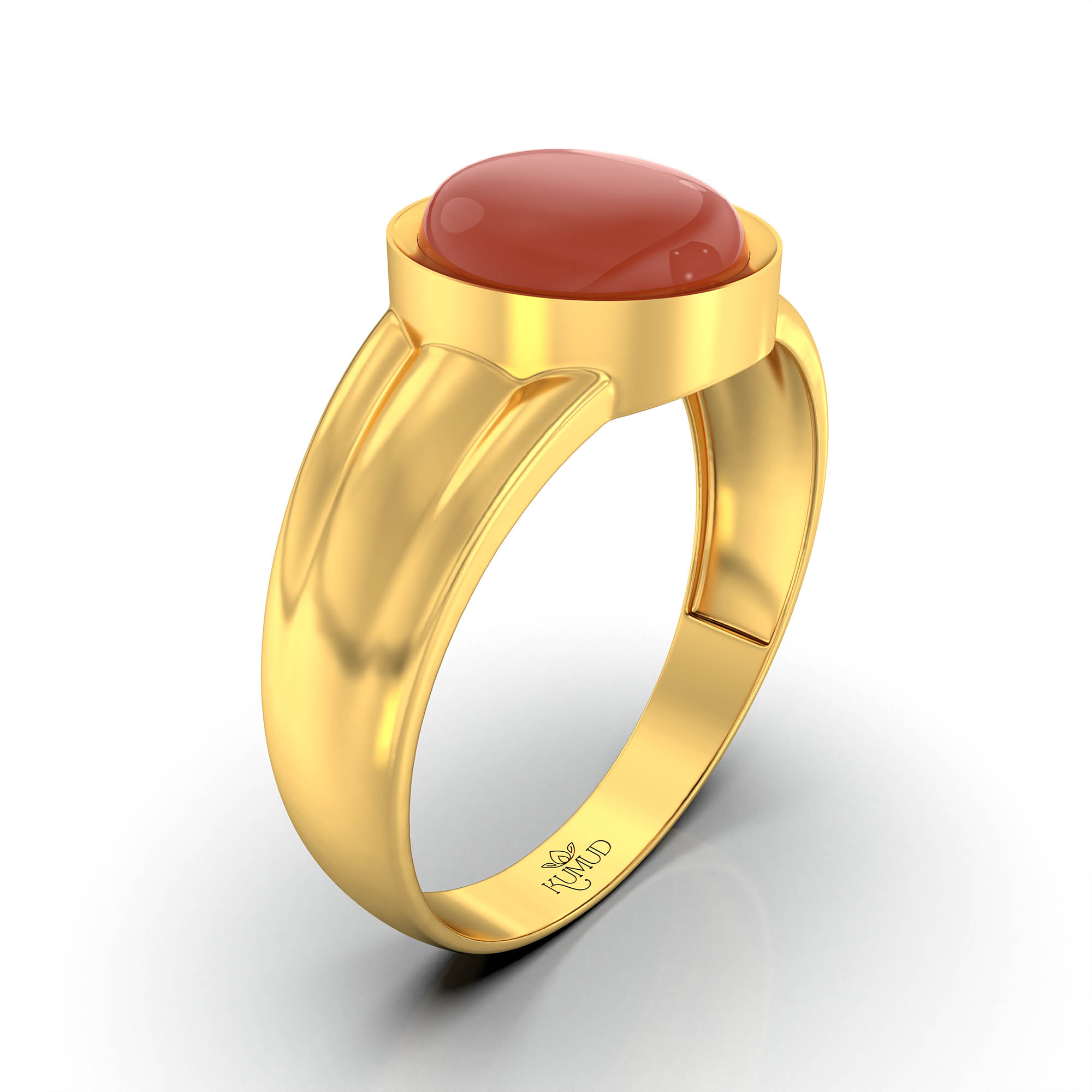 Red Coral (Moonga) Ring for Men in 22K Yellow Gold – Oval Cabochon 9x8 mm, Bezel Setting, 4 g (Design KF-6) thumbnail