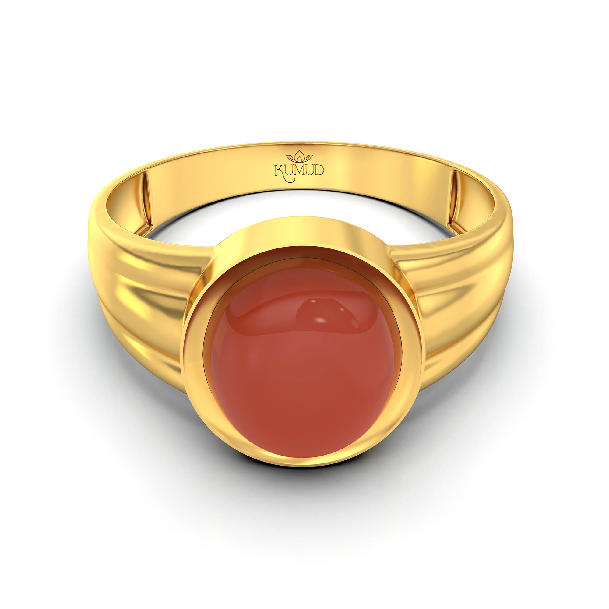 Red Coral (Moonga) Ring for Men in 22K Yellow Gold – Oval Cabochon 9x8 mm, Bezel Setting, 4 g (Design KF-6) thumbnail