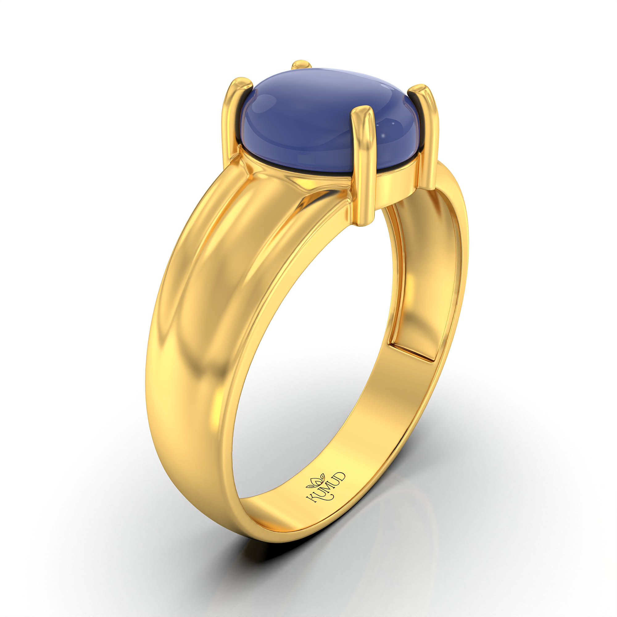 Blue Sapphire (Neelam) Ring for Men in 22K Yellow Gold – Oval Cabochon 9x8 mm, Prong Setting, 4 g (Design KF-6) thumbnail