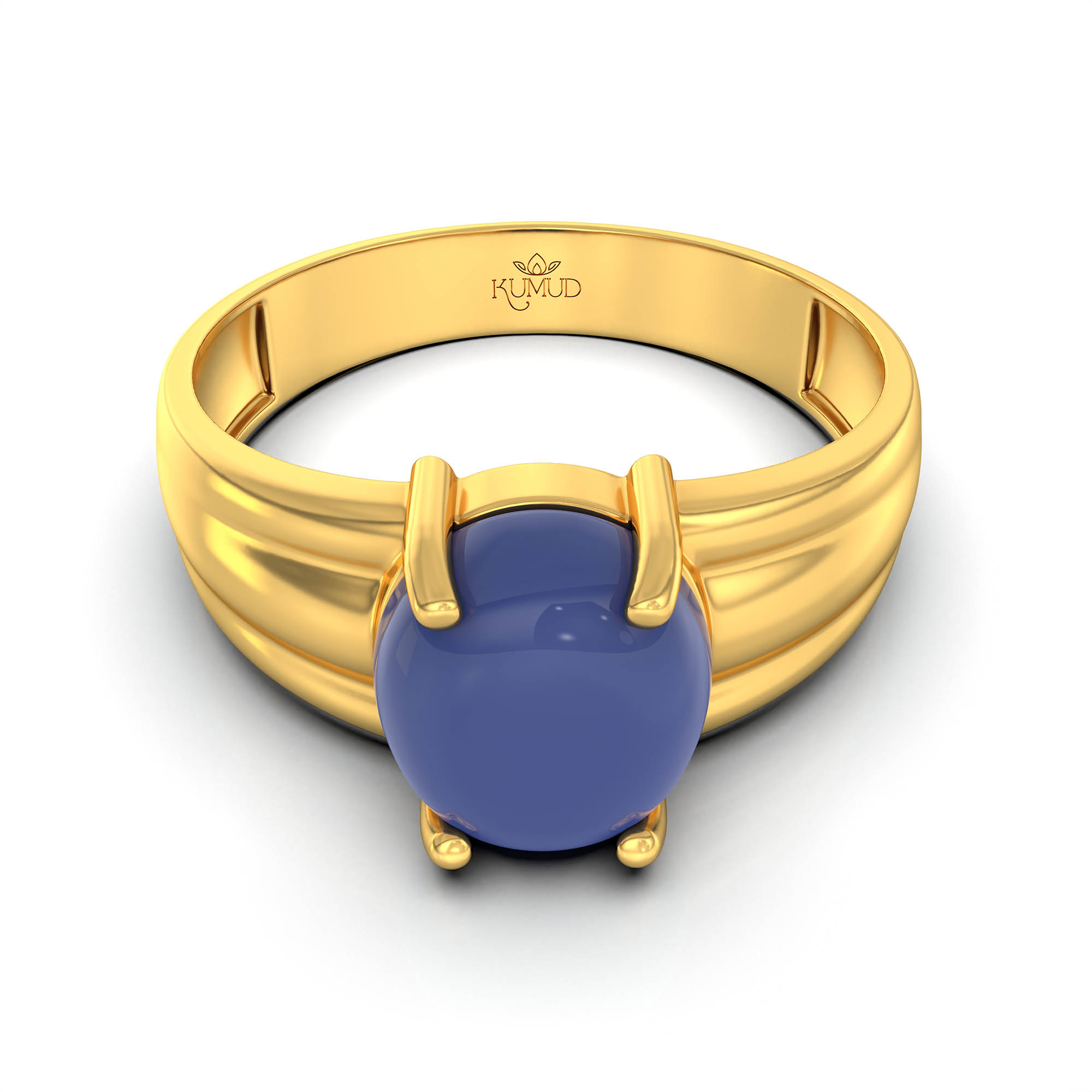 Blue Sapphire (Neelam) Ring for Men in 22K Yellow Gold – Oval Cabochon 9x8 mm, Prong Setting, 4 g (Design KF-6) thumbnail