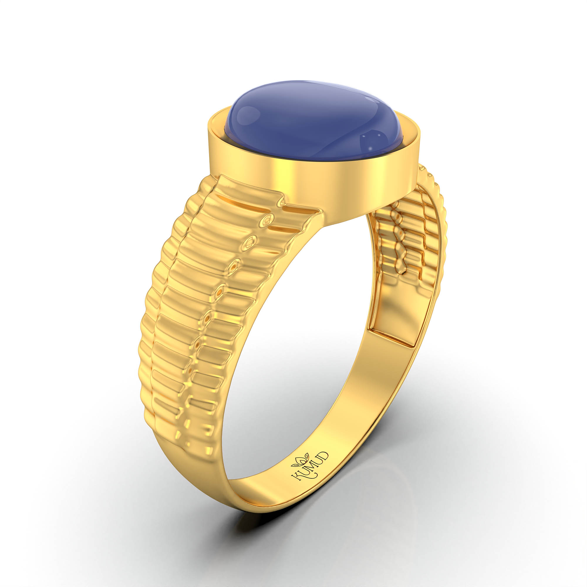 Blue Sapphire (Neelam) Ring for Men in 22K Yellow Gold – Oval Cabochon 9x8 mm, Bezel Setting, 4 g (Design KF-7) thumbnail