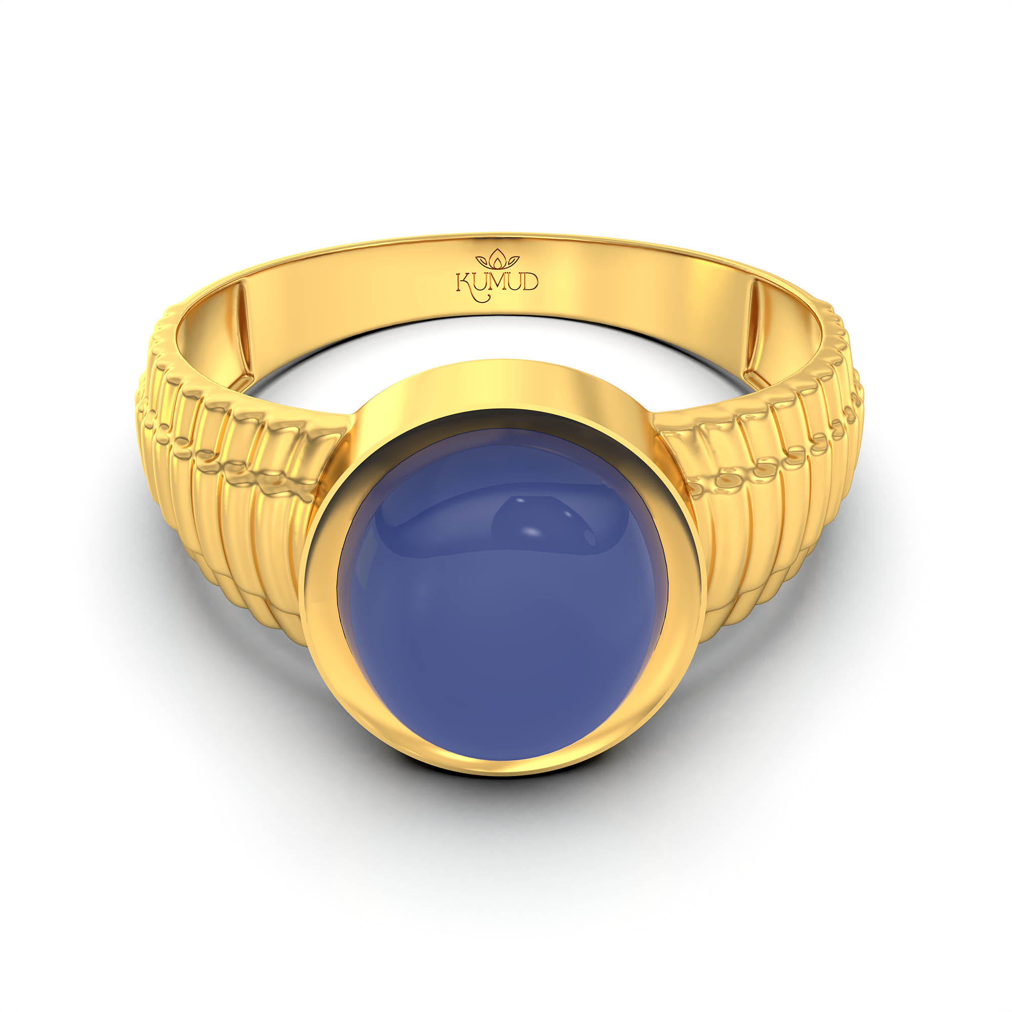Blue Sapphire (Neelam) Ring for Men in 22K Yellow Gold – Oval Cabochon 9x8 mm, Bezel Setting, 4 g (Design KF-7) thumbnail