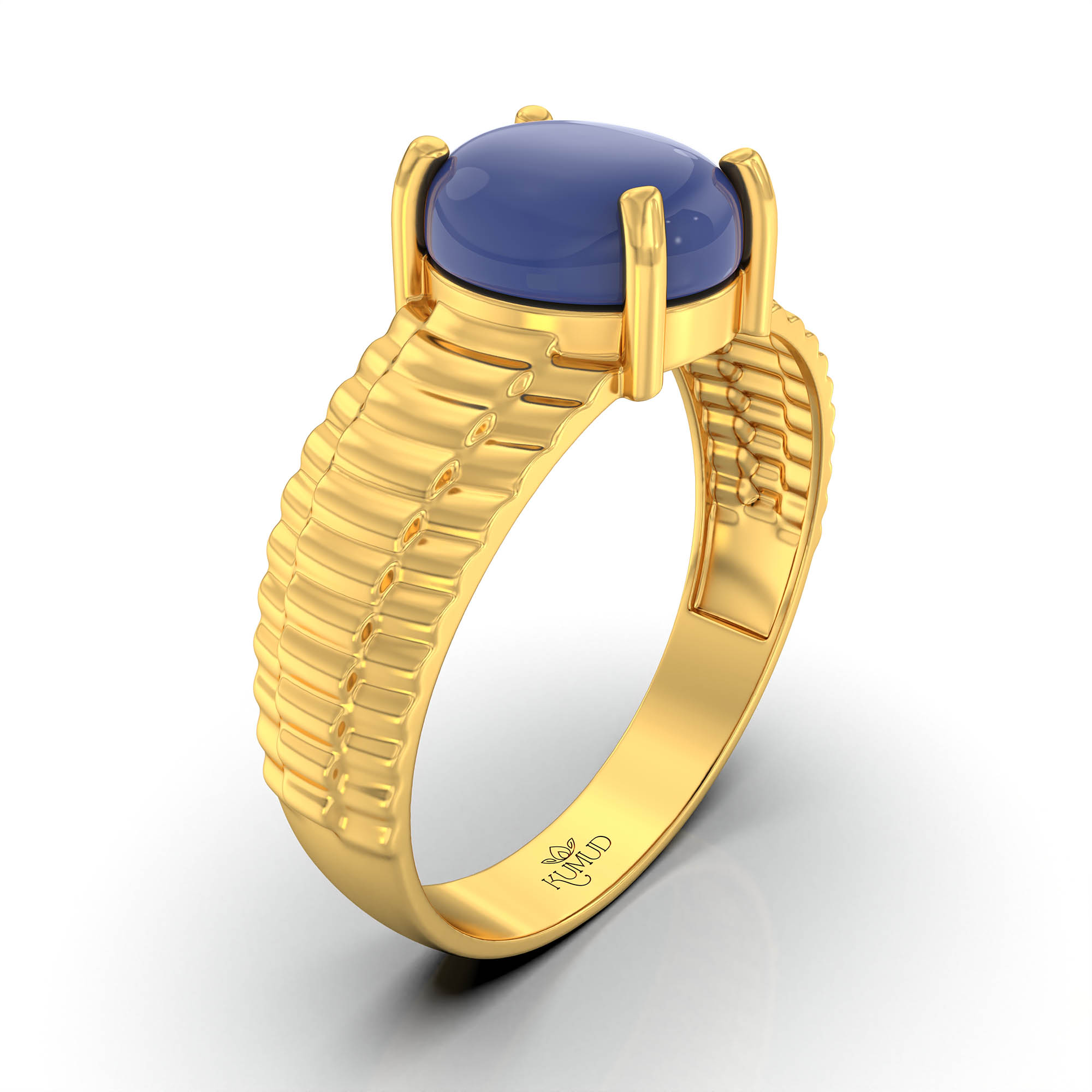 Blue Sapphire (Neelam) Ring for Men in 22K Yellow Gold – Oval Cabochon 9x8 mm, Prong Setting, 4 g (Design KF-7) thumbnail