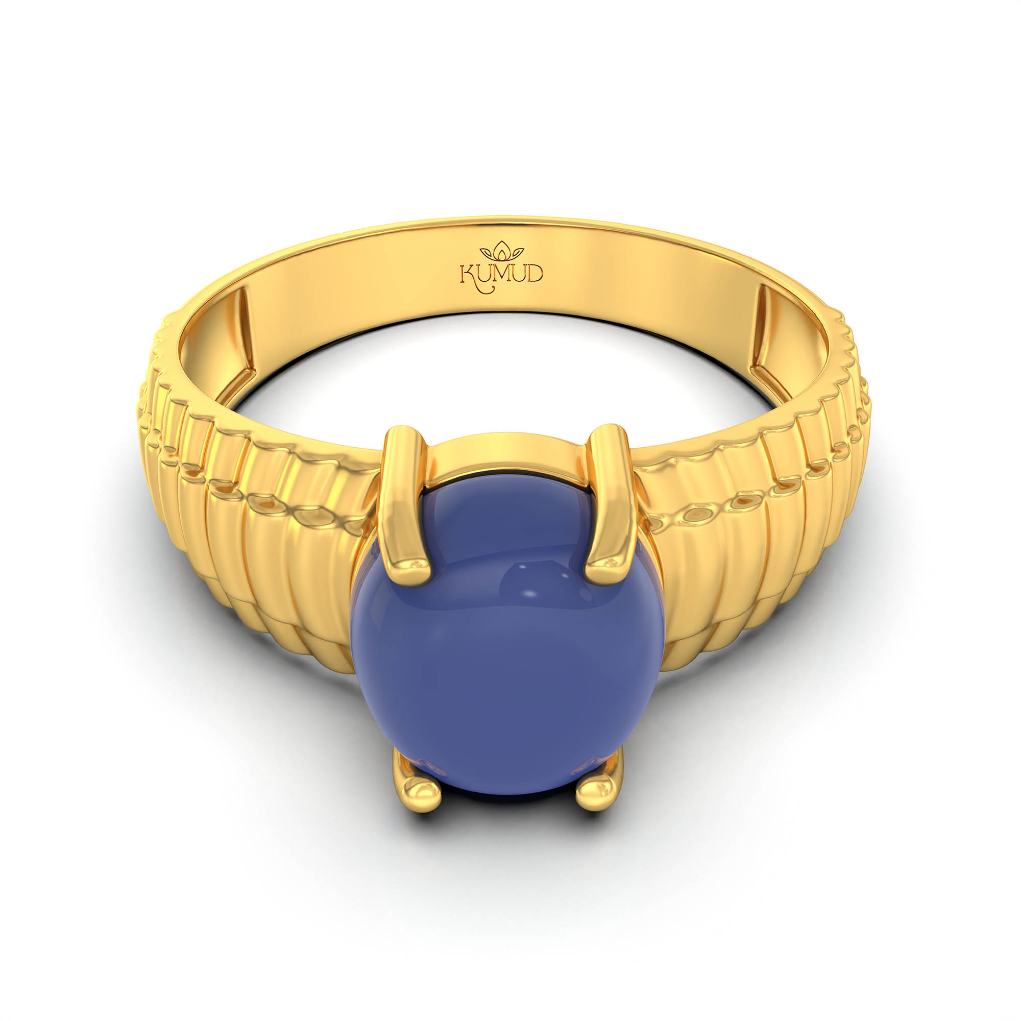 Blue Sapphire (Neelam) Ring for Men in 22K Yellow Gold – Oval Cabochon 9x8 mm, Prong Setting, 4 g (Design KF-7) thumbnail