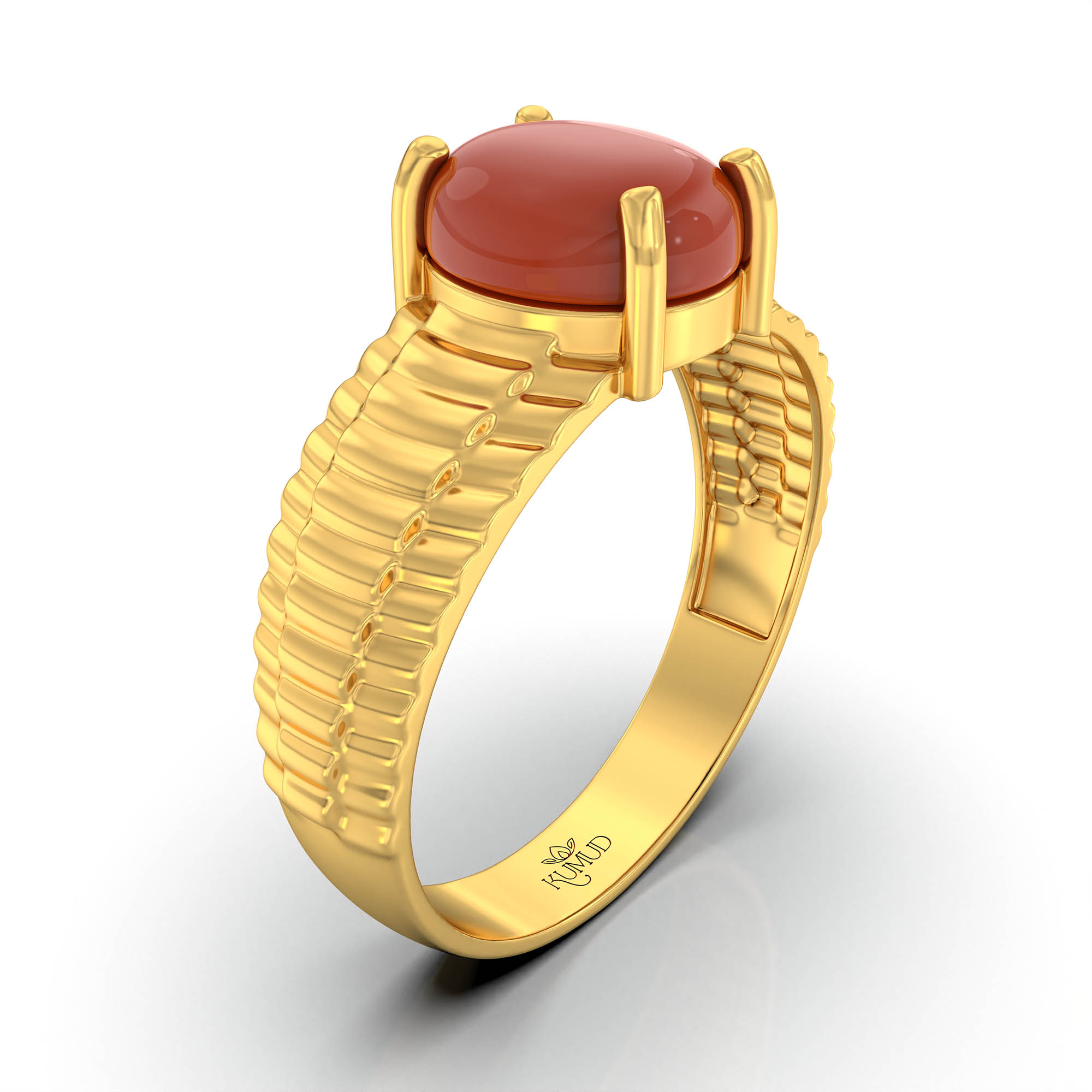 Red Coral (Moonga) Ring for Men in 22K Yellow Gold – Oval Cabochon 9x8 mm, Prong Setting, 4 g (Design KF-7) thumbnail