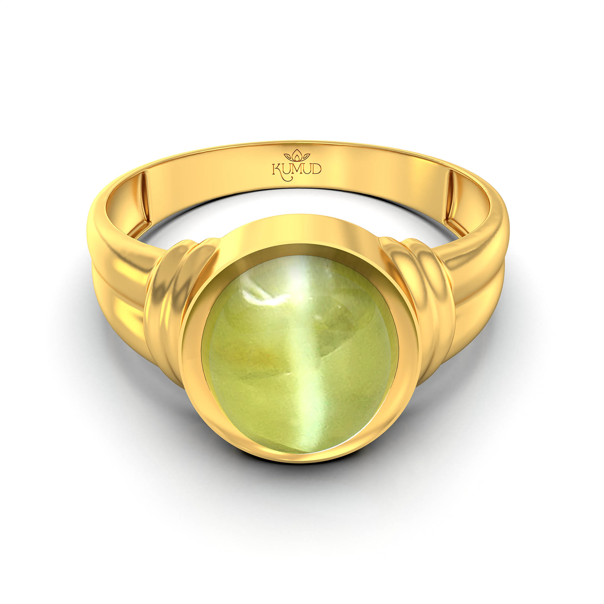Cat's Eye (Lehsunia) Ring for Men in 22K Yellow Gold – Oval Cabochon 9x8 mm, Bezel Setting, 4 g (Design KF-8) thumbnail